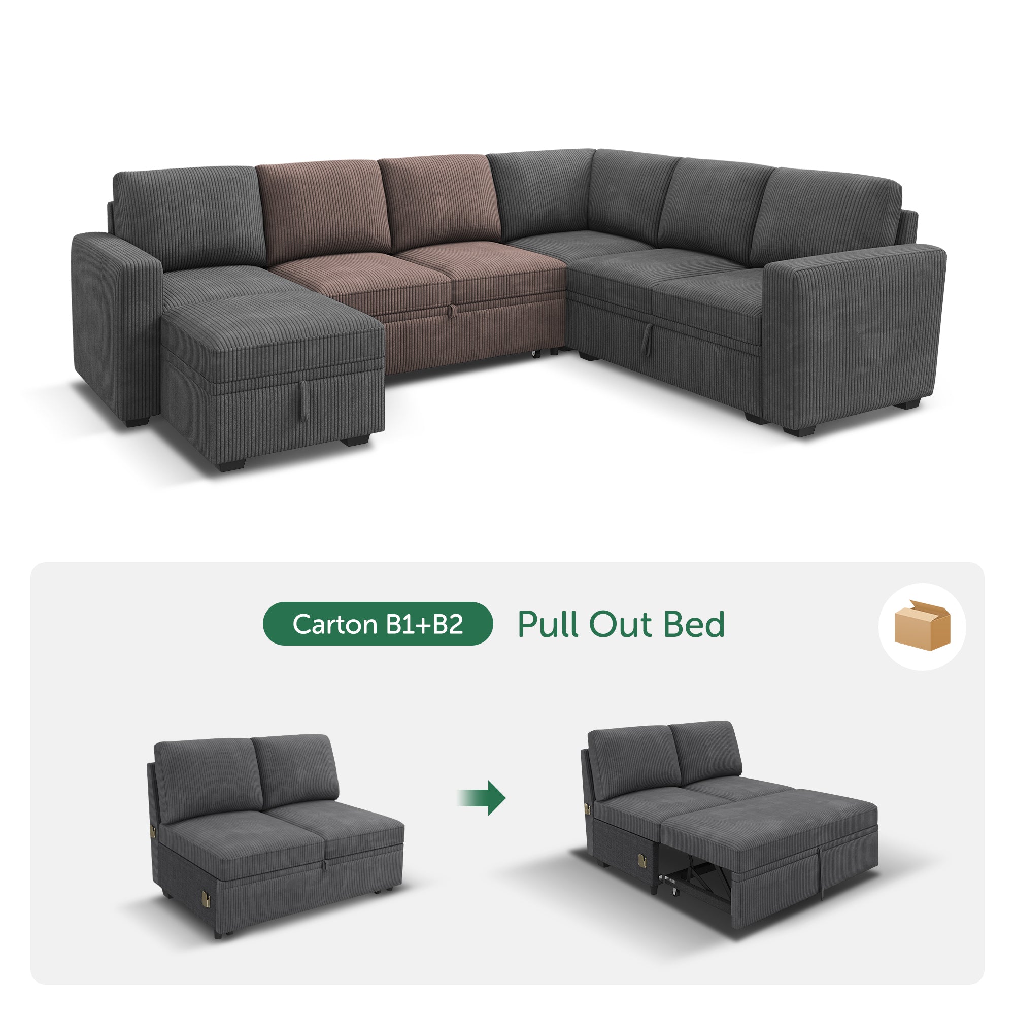 HONBAY 1 Piece Modular Sectional Pull Out Bed #Color_Corduroy Grey