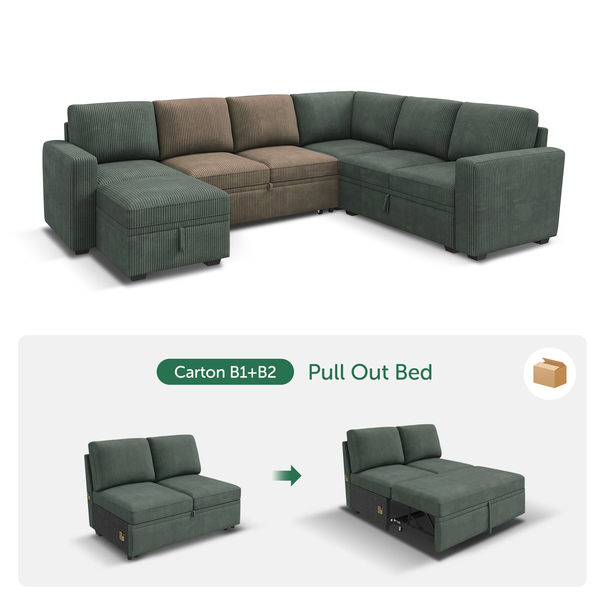 HONBAY 1 Piece Modular Sectional Pull Out Bed #Color_Corduroy Green