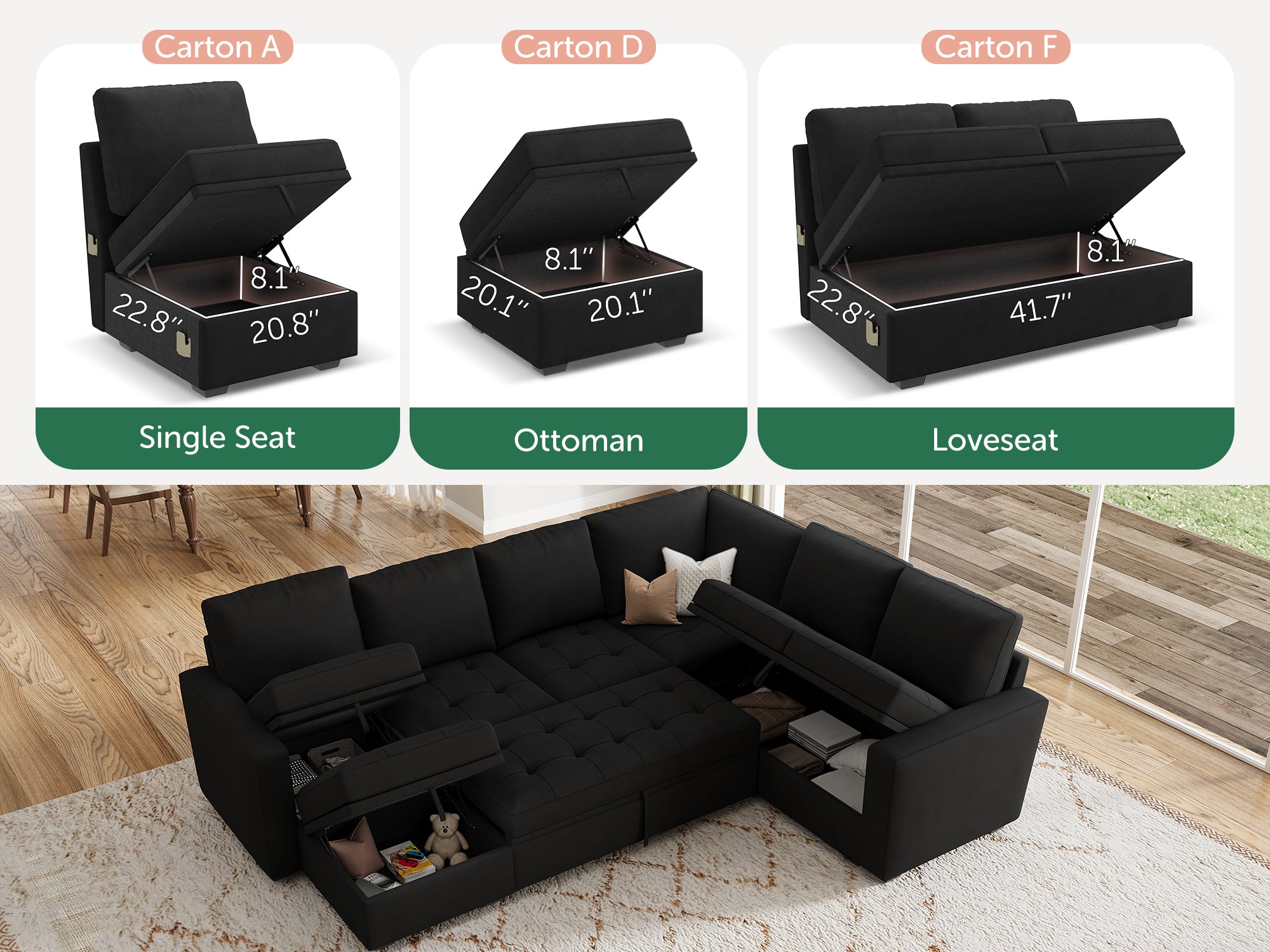 HONBAY Sleep Modular Sofa 7-Seat Sofa Bed with 4-Storage Space #Color_Black Style II