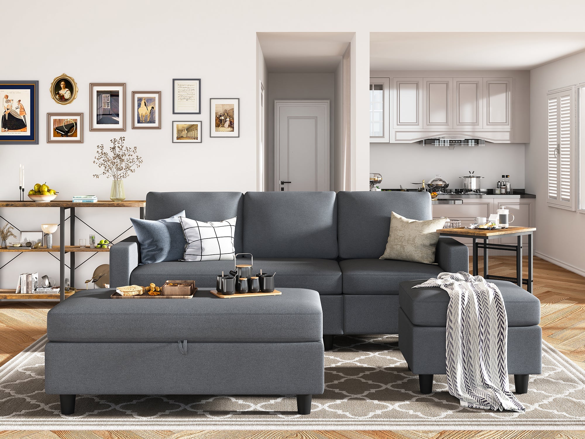 HONBAY L-Shaped Sectional Sofa Set with Storage Chaise & Ottoman