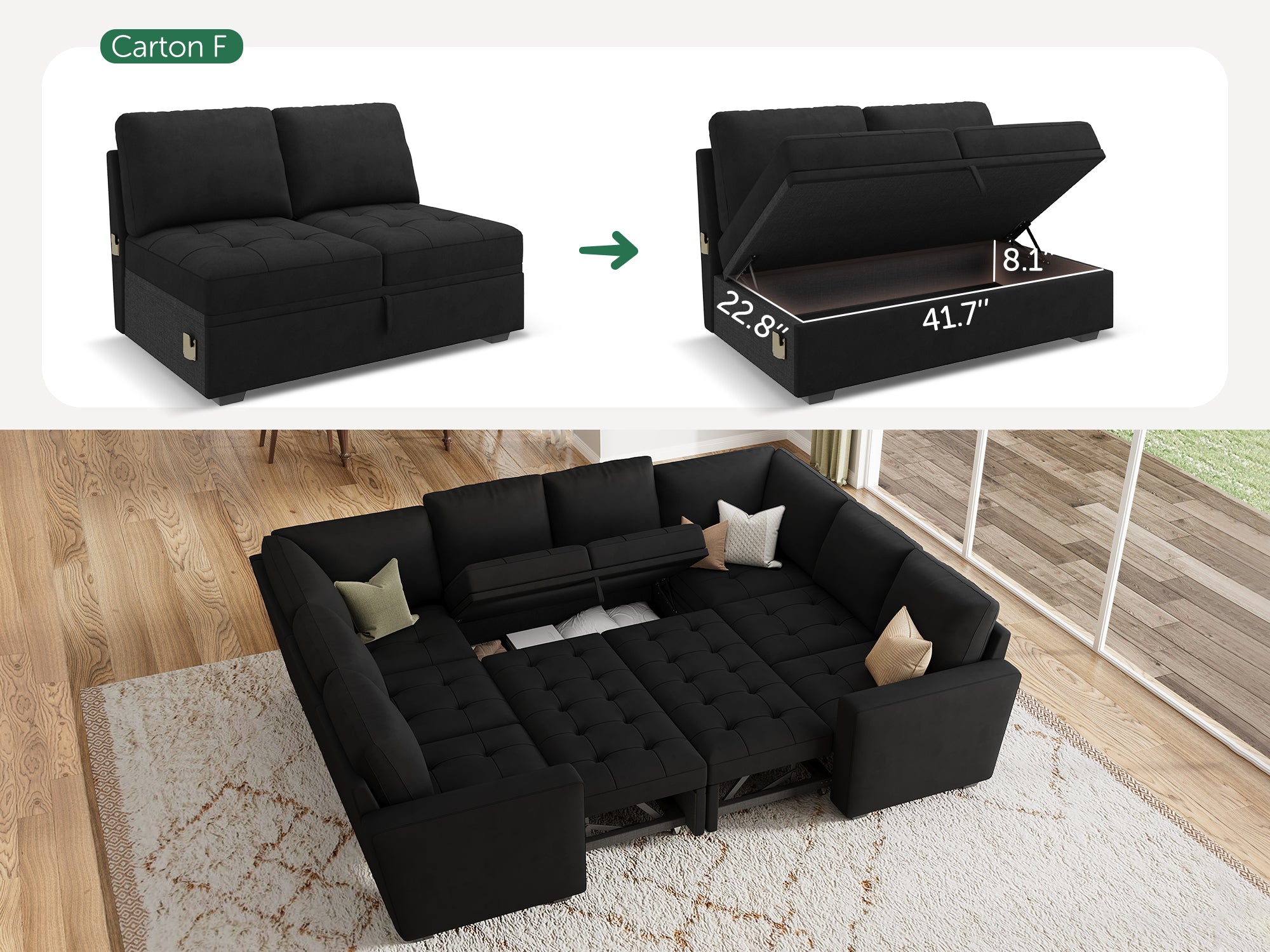 HONBAY 8-Piece Velvet Modular Sleeper Sectional With 2 Storage Spaces #Color_Black Style II