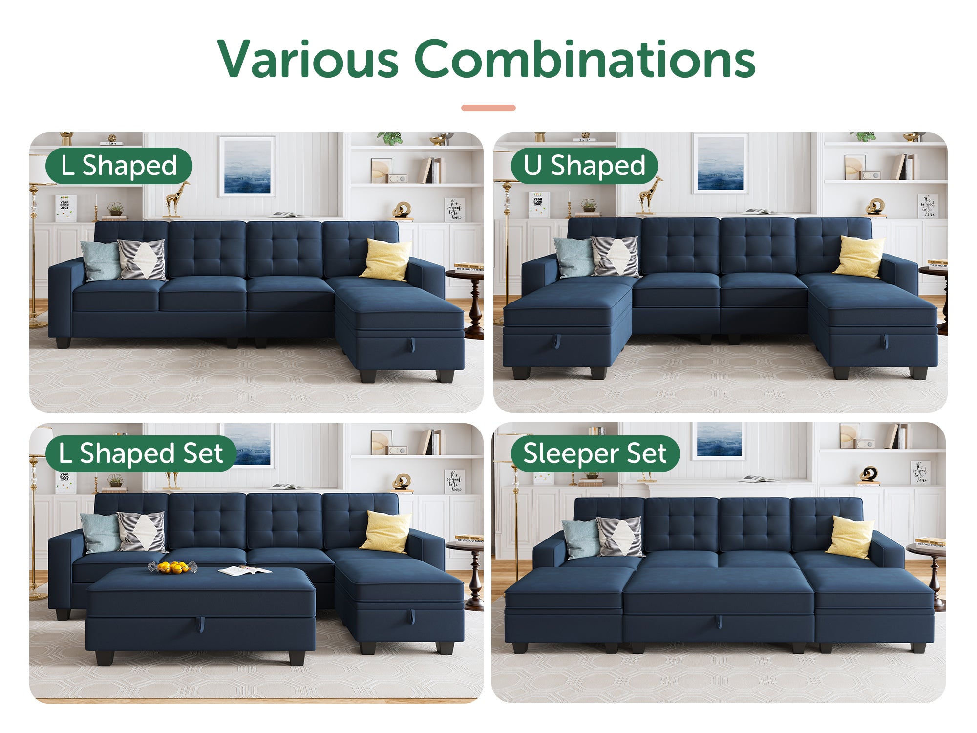 HONBAY 5-Piece Velvet Convertible Sectional With Storage Ottoman