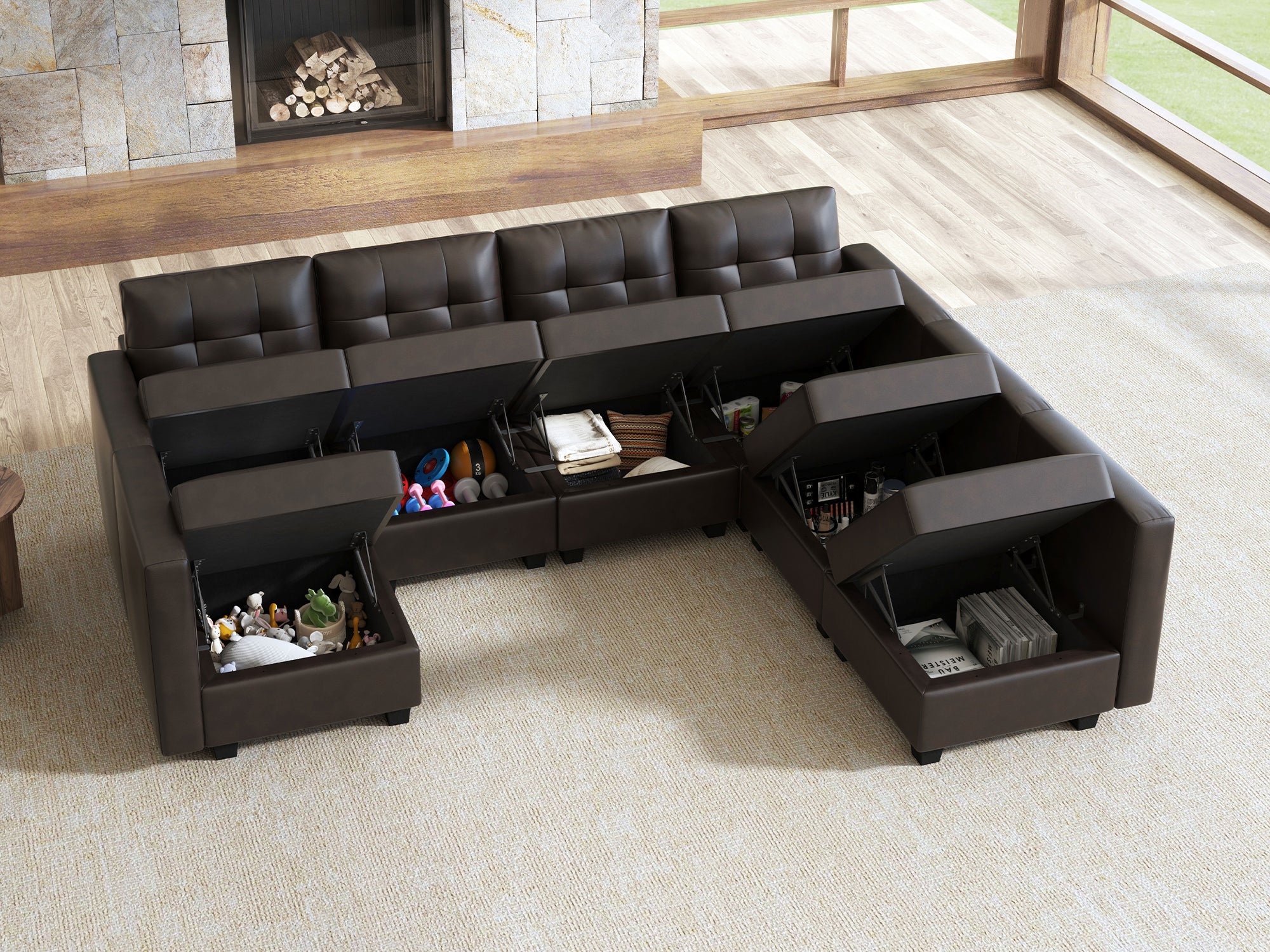 HONBAY 9-Piece Faux Leather Modular Sleeper Sectional With Storage Seat