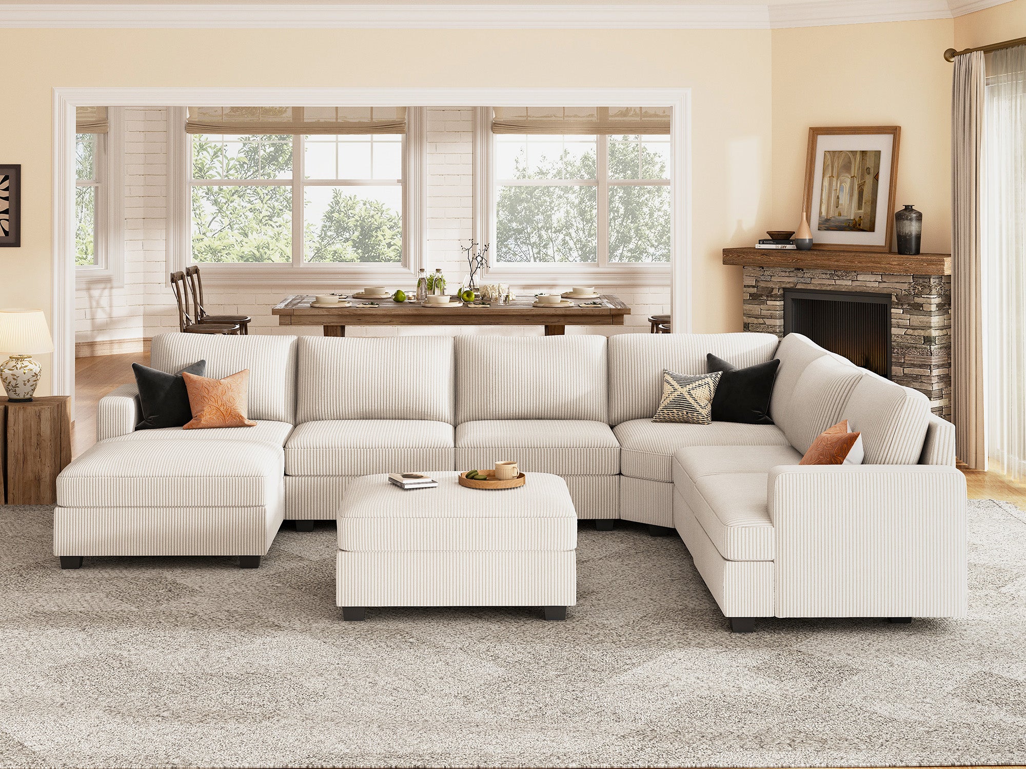 HONBAY 8 Piece Modular Sectional With Storage Ottoman #Color_Corduroy Beige