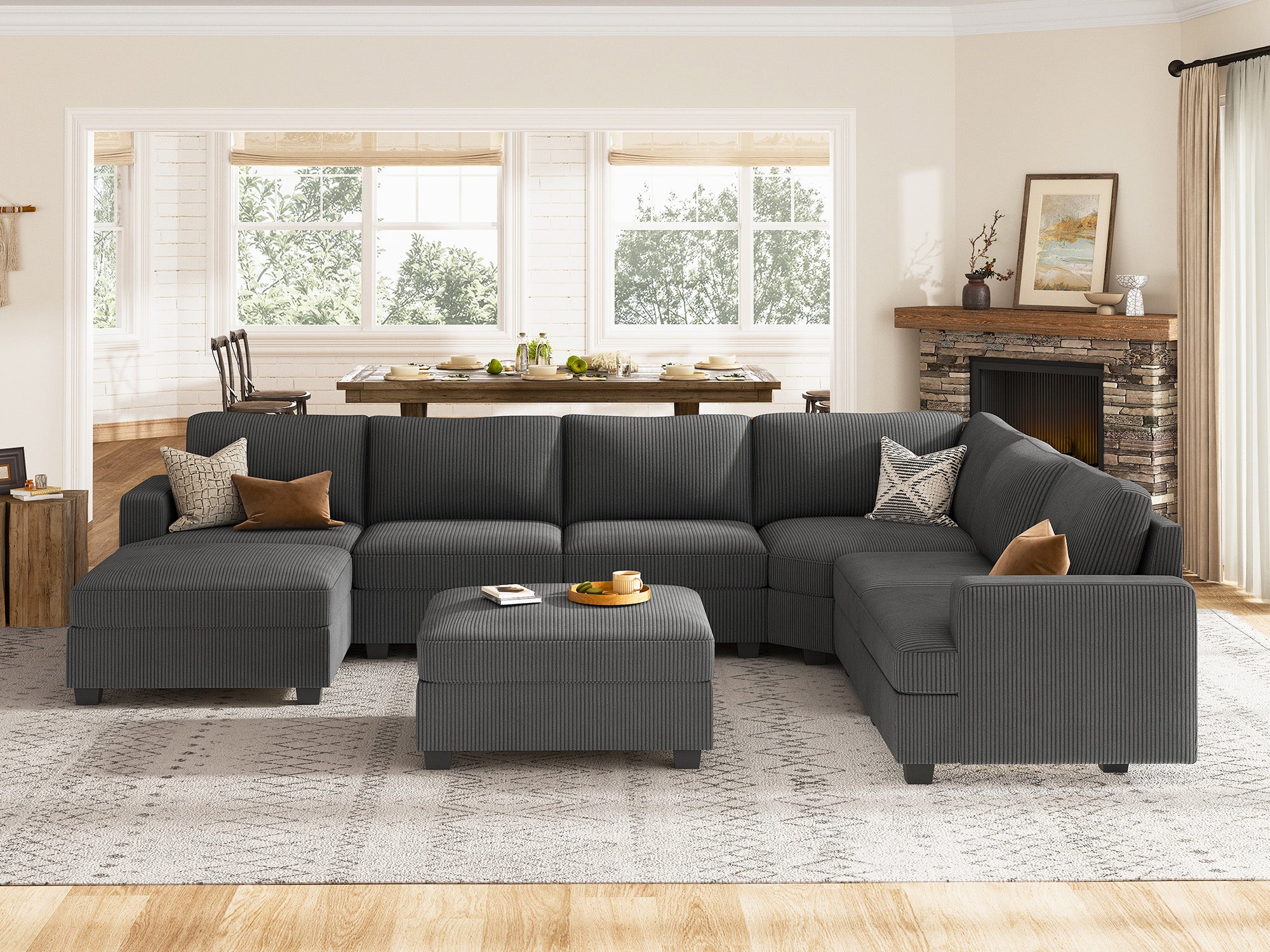 HONBAY 8 Piece Modular Sectional With Storage Ottoman #Color_Corduroy Grey