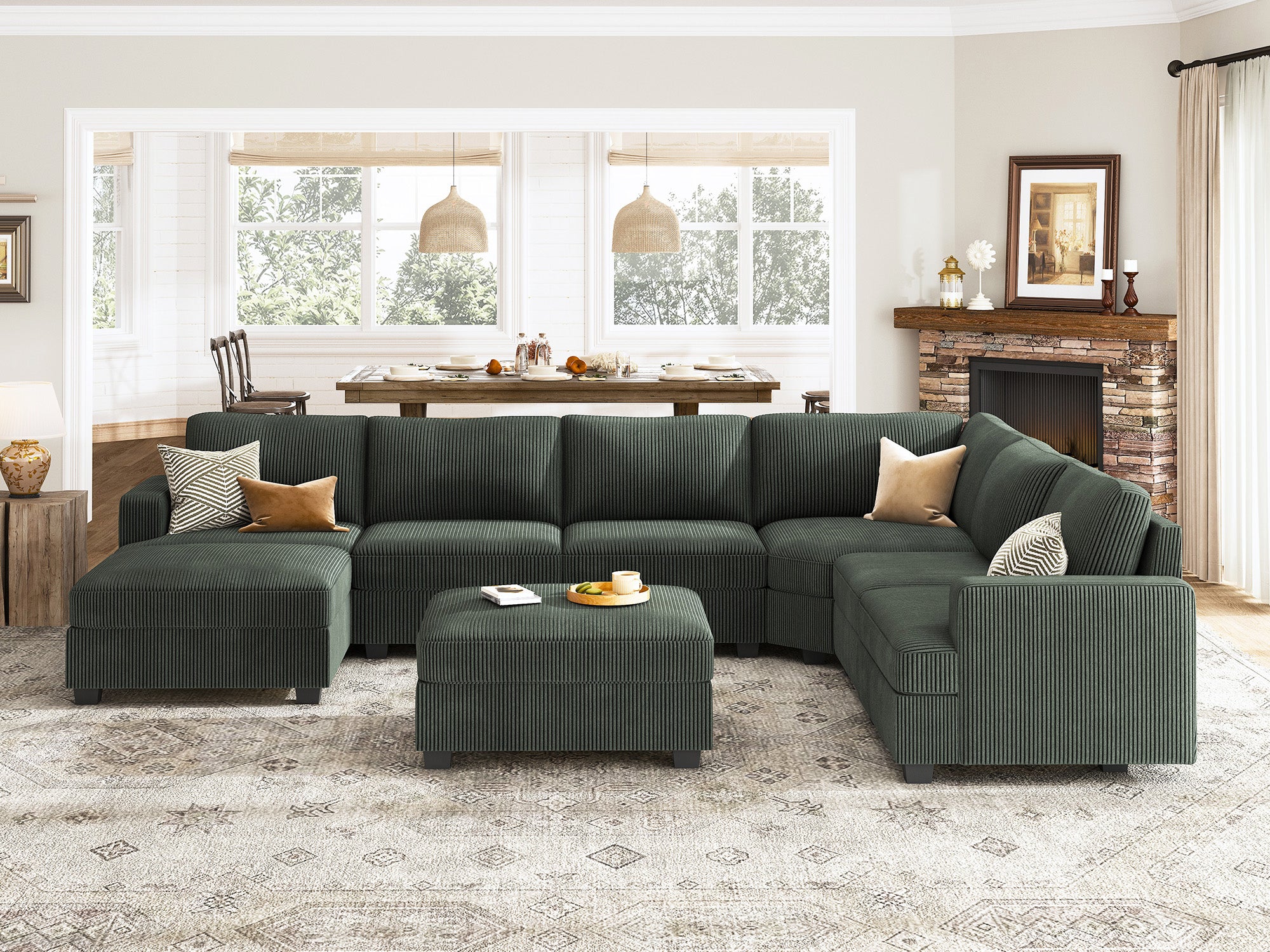 HONBAY 8 Piece Modular Sectional With Storage Ottoman #Color_Corduroy Green