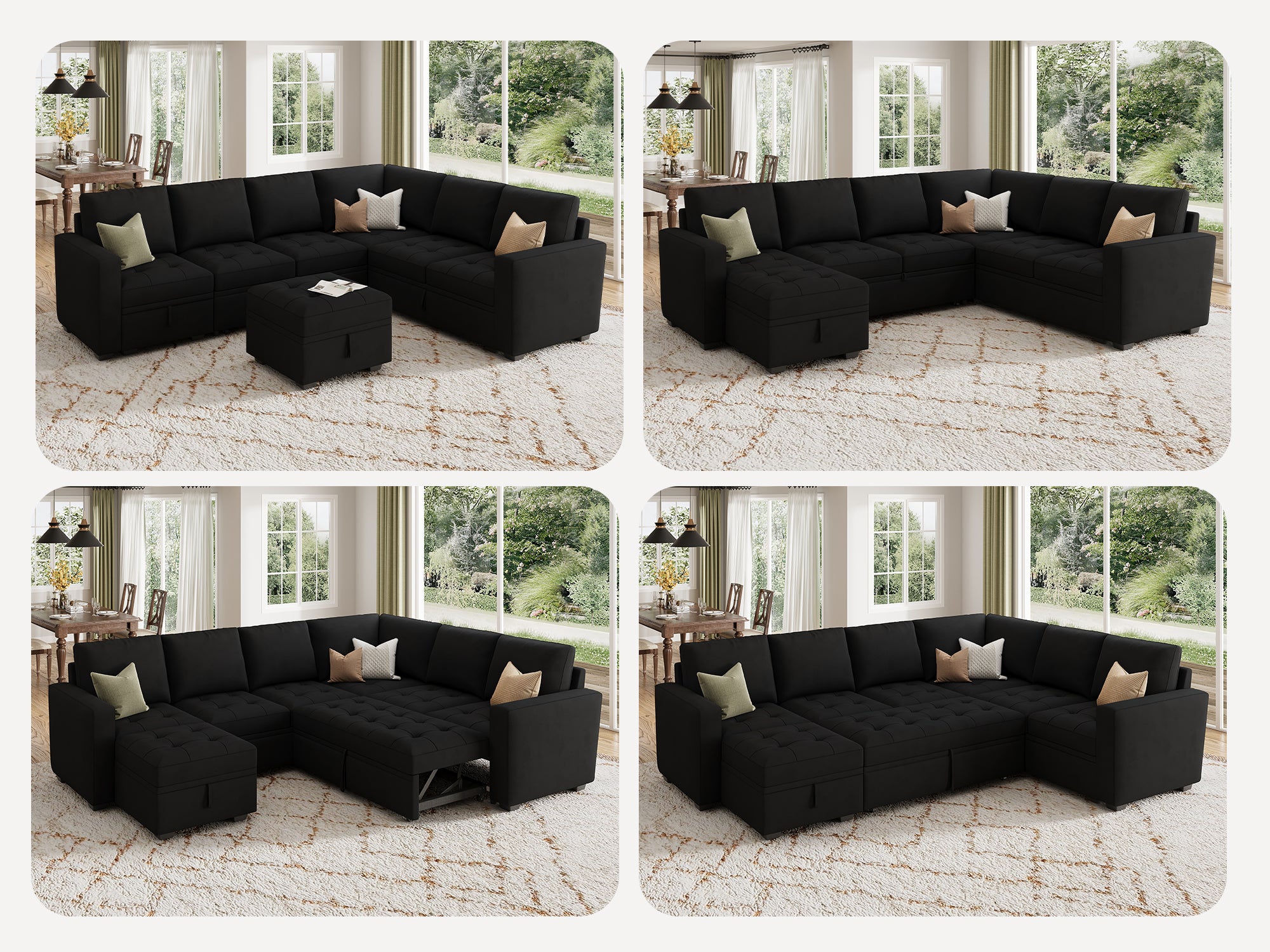 HONBAY Sleep Modular Sofa 7-Seat Sofa Bed with 4-Storage Space #Color_Black Style II