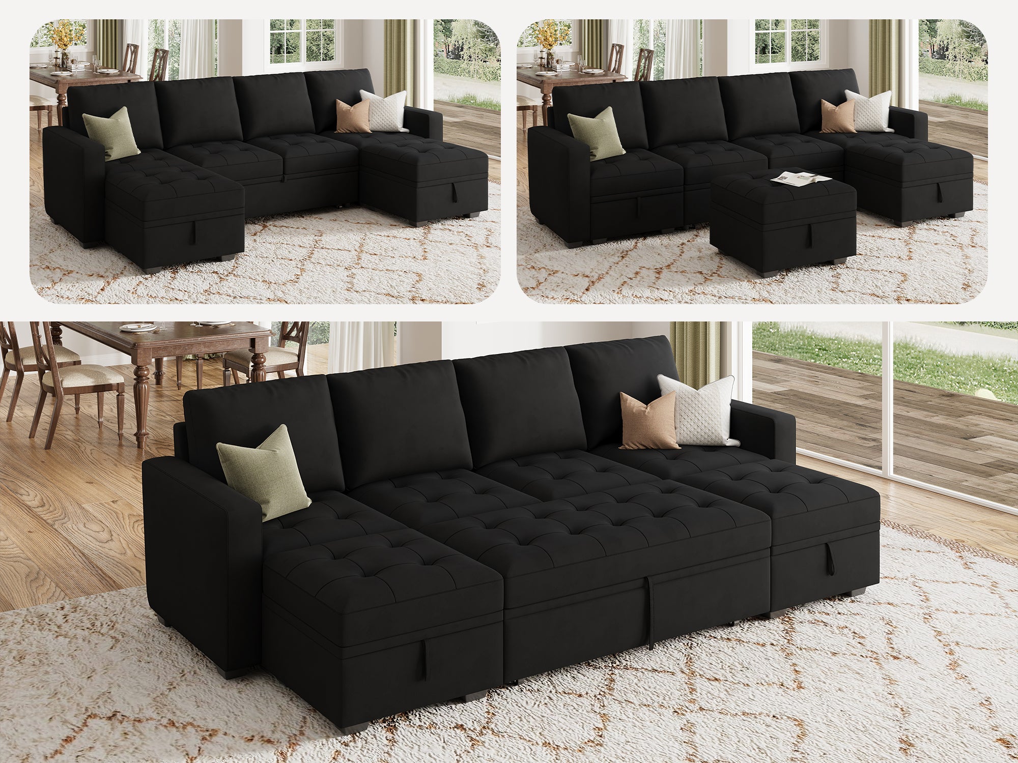 HONBAY Sleep Modular Sofa 6-Seat Sofa Bed with 4-Storage Space #Color_Black Style II