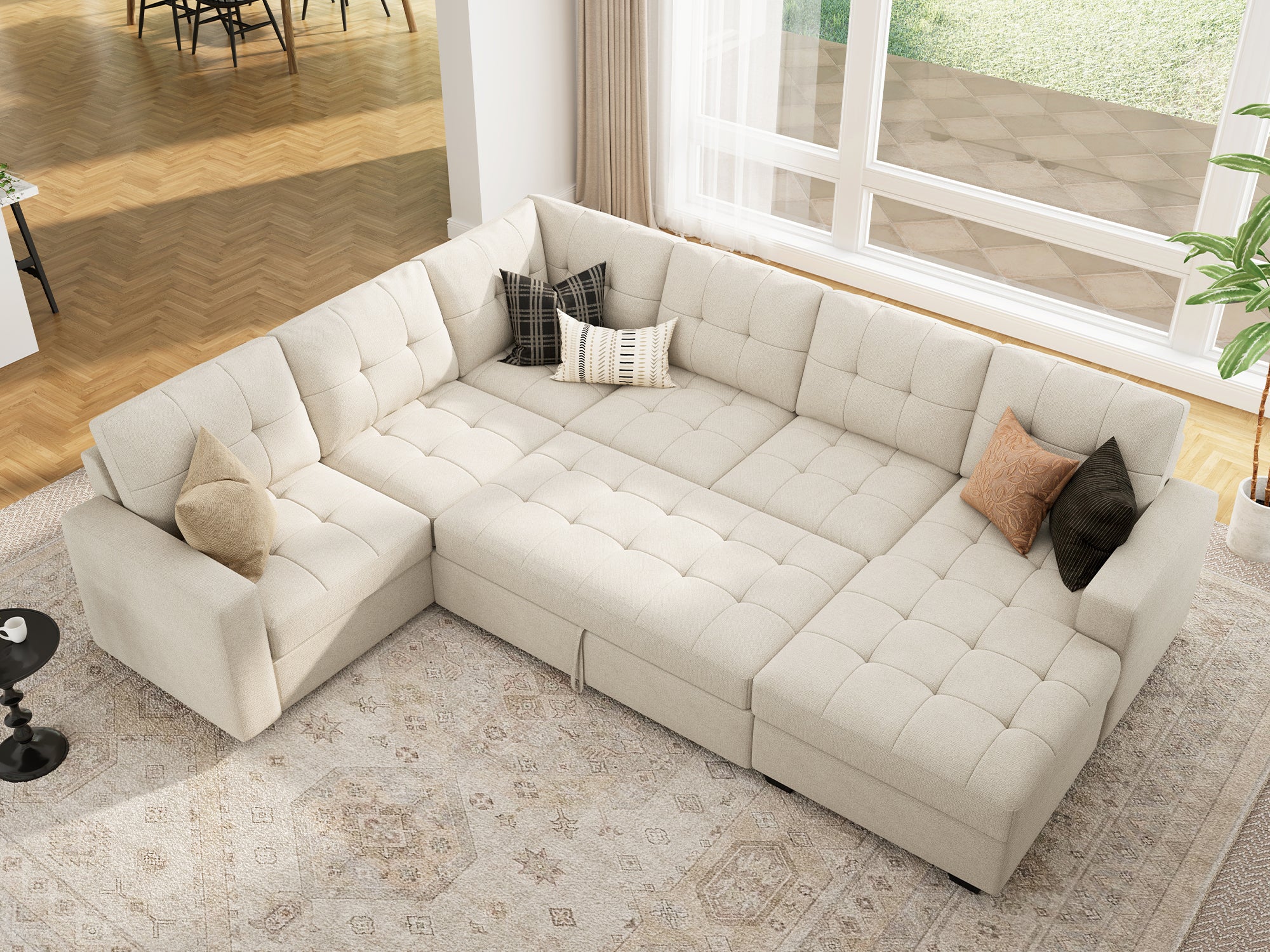 HONBAY 6-Piece Polyester Sleeper Sectional With Storage Space #Color_Beige