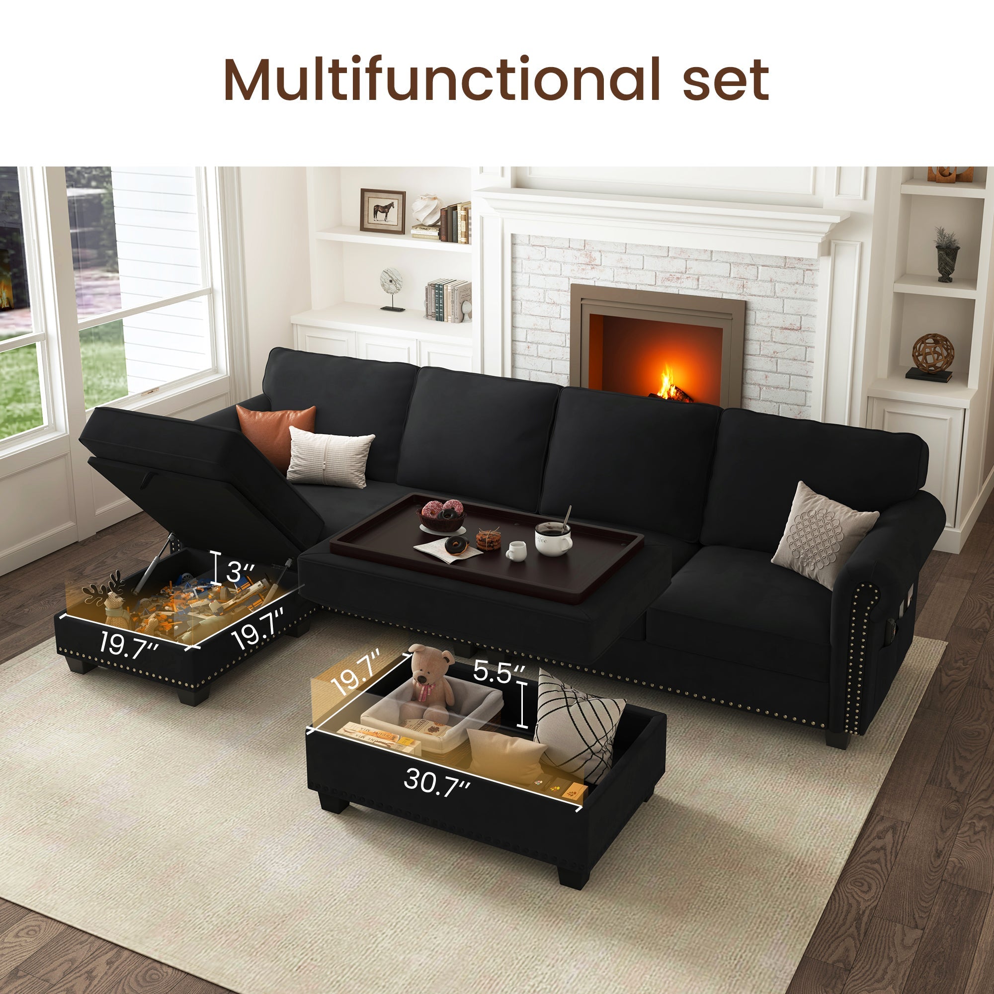 NOLANY 5-Piece Polyester Convertible Sectional With Tray Ottoman #Color_Black