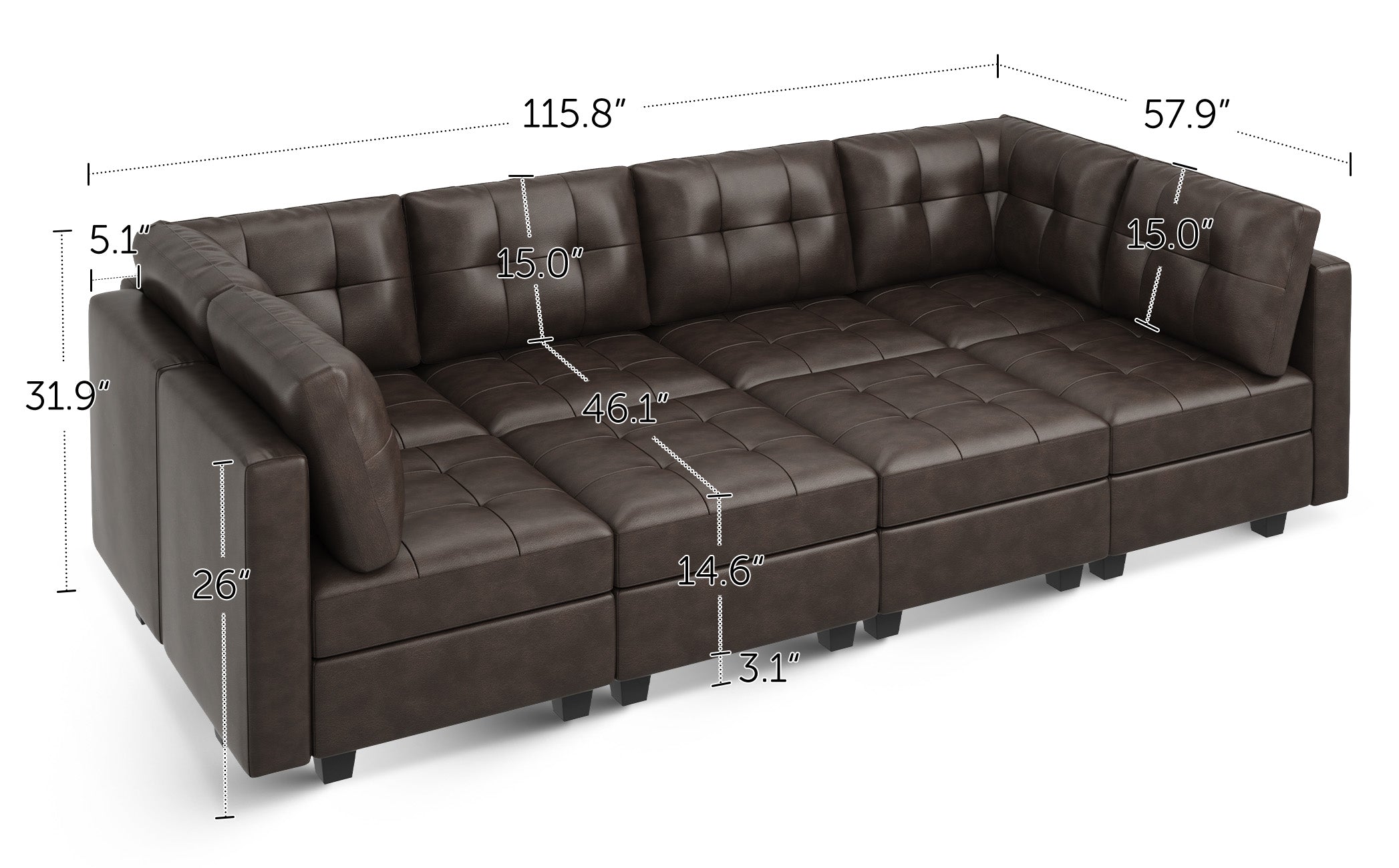 HONBAY 8-Piece Faux Leather Modular Sleeper Sectional With Storage Seat With Dimensions 
