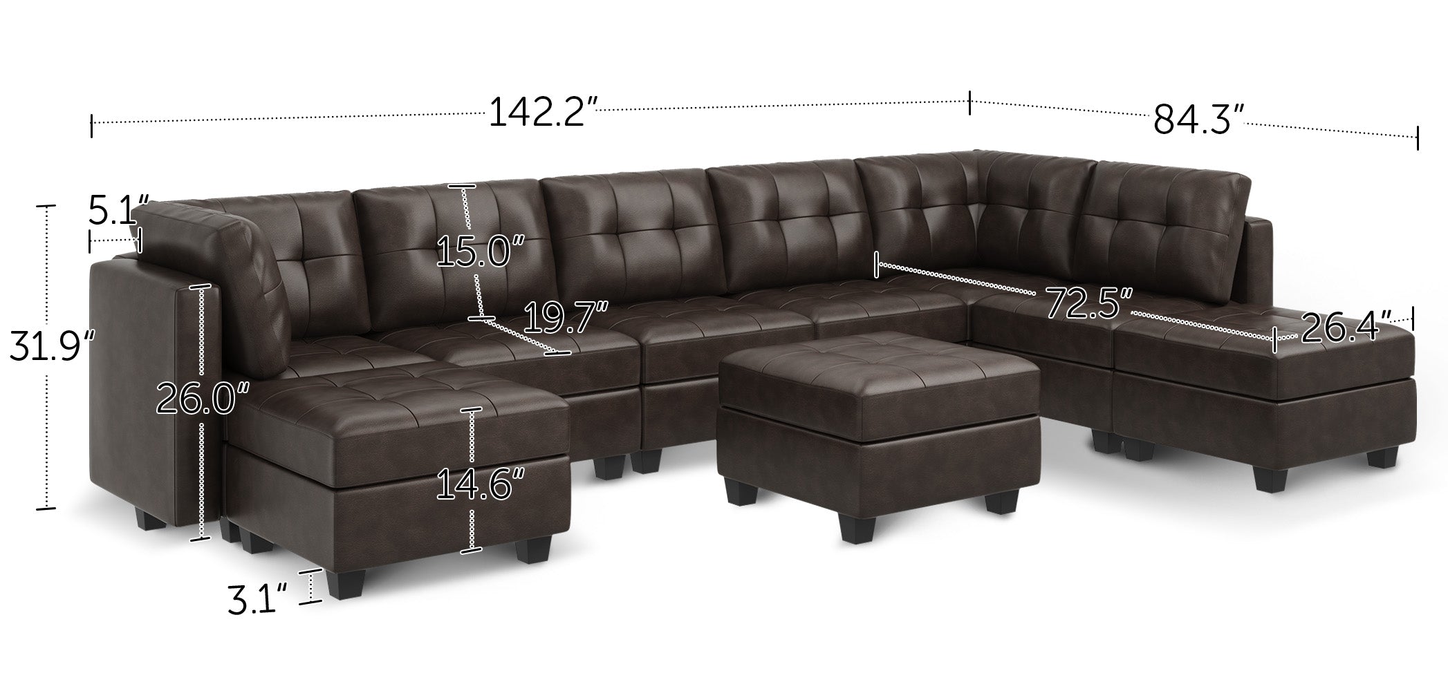 HONBAY 9-Piece Faux Leather Modular Sectional With Storage Seat