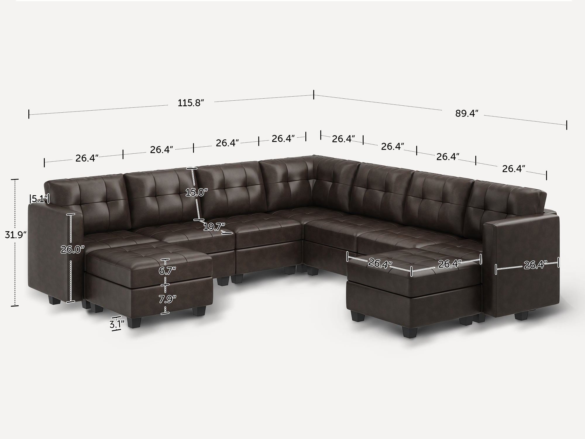 HONBAY 9-Piece Faux Leather Modular Sleeper Sectional With Storage Seat