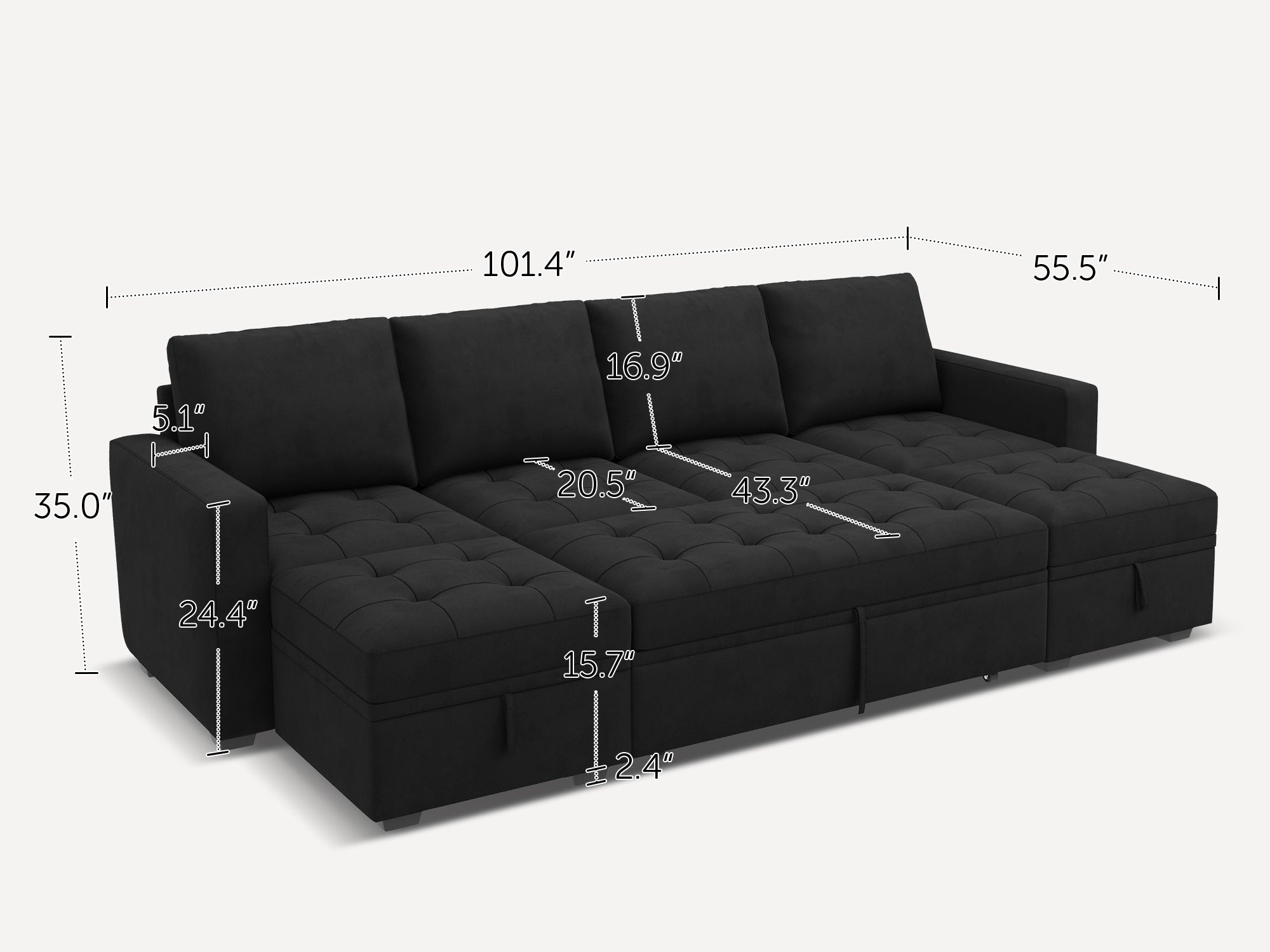 HONBAY Sleep Modular Sofa 6-Seat Sofa Bed with 4-Storage Space #Color_Black Style II