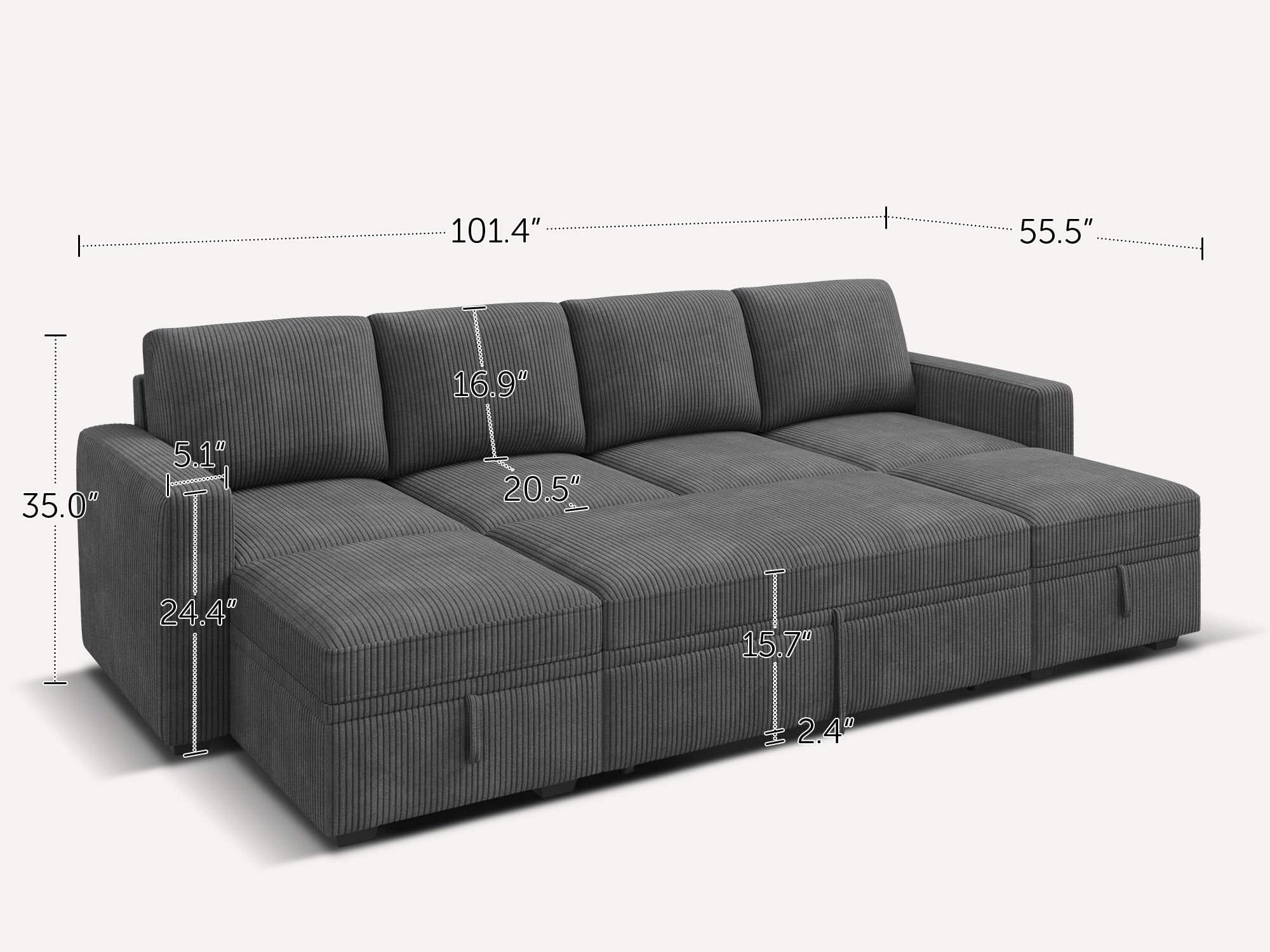 6-Piece Corduroy Modular Sleeper Sectional With Storage Space With Dimensions