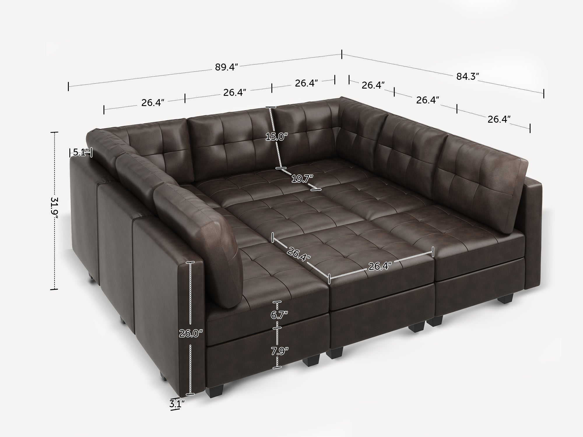 HONBAY 9-Piece Faux Leather Modular Sleeper Sectional With Storage Seat With DImensions
