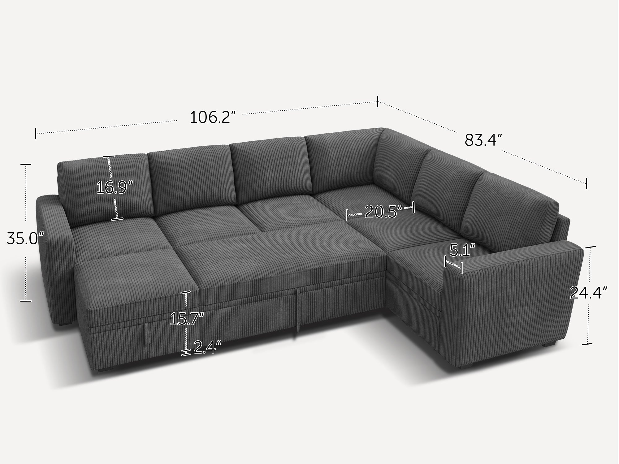 7-Piece Corduroy Modular Sleeper Sectional With Storage Space With Dimensions