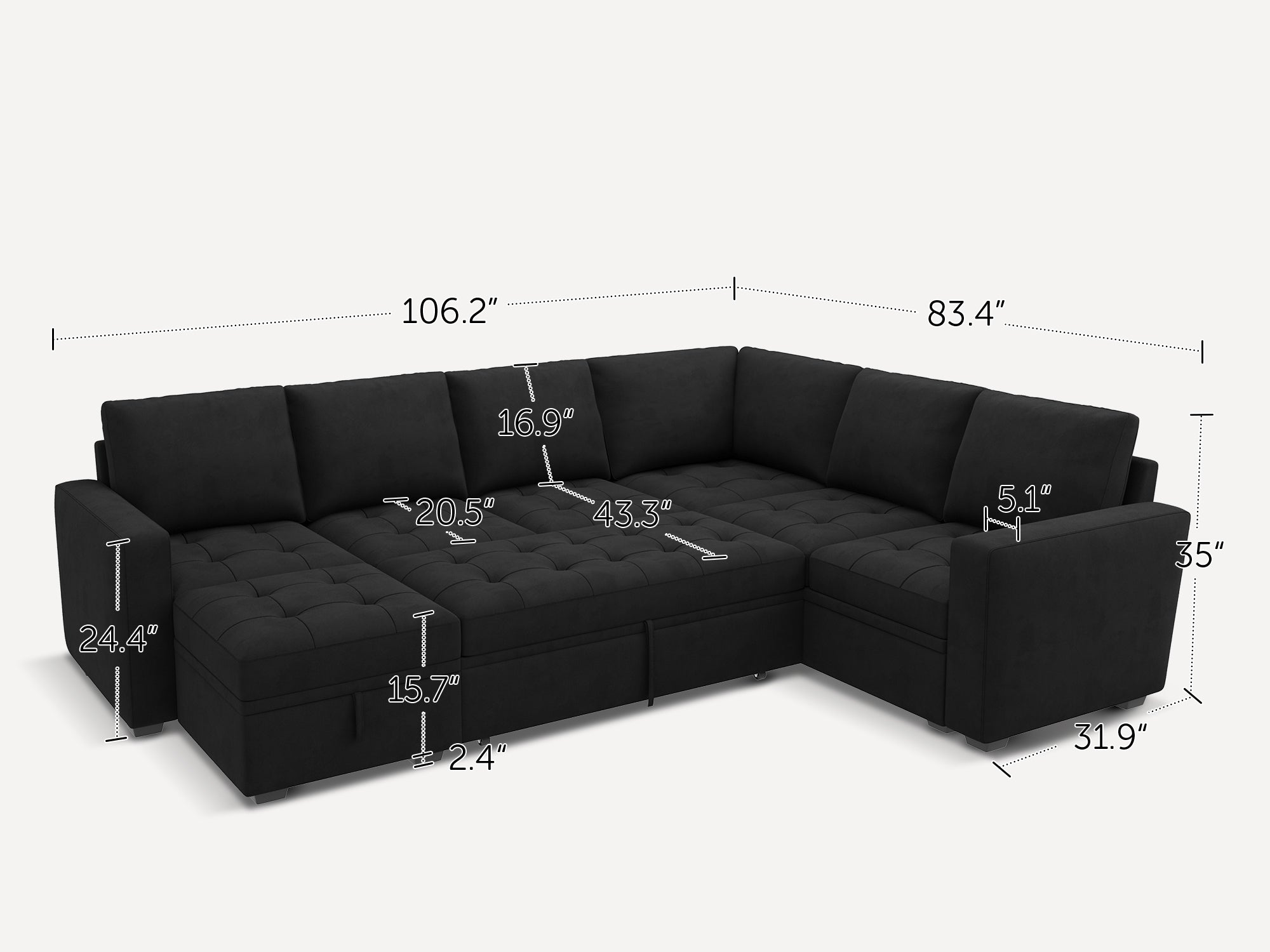 HONBAY 7-Piece Velvet Modular Sleeper Sectional With Storage Space With Dimensions
