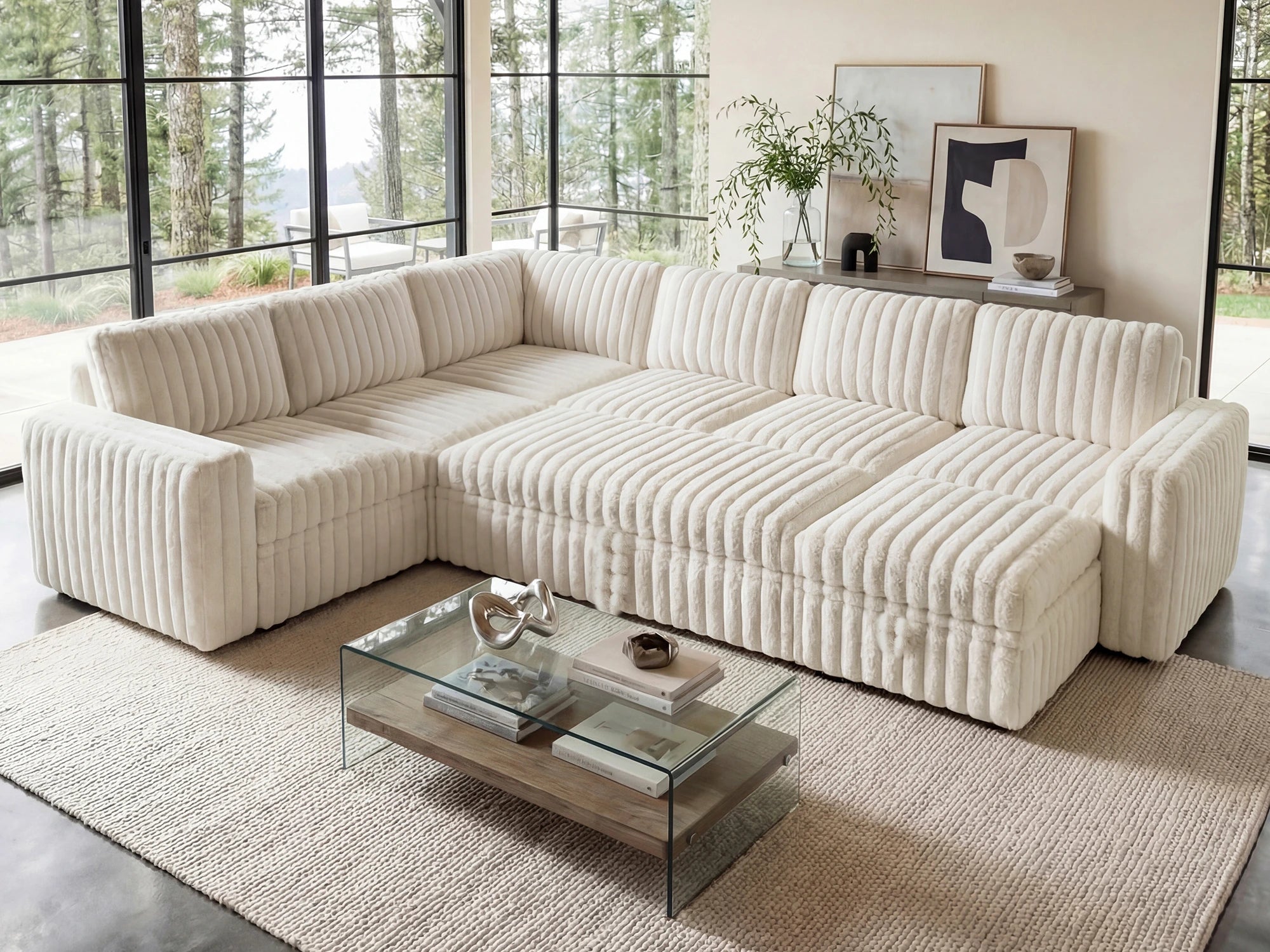 Molit 7-Piece Pull-Out Sectional
 #Color_Faux Rabbit Fur Ivory
