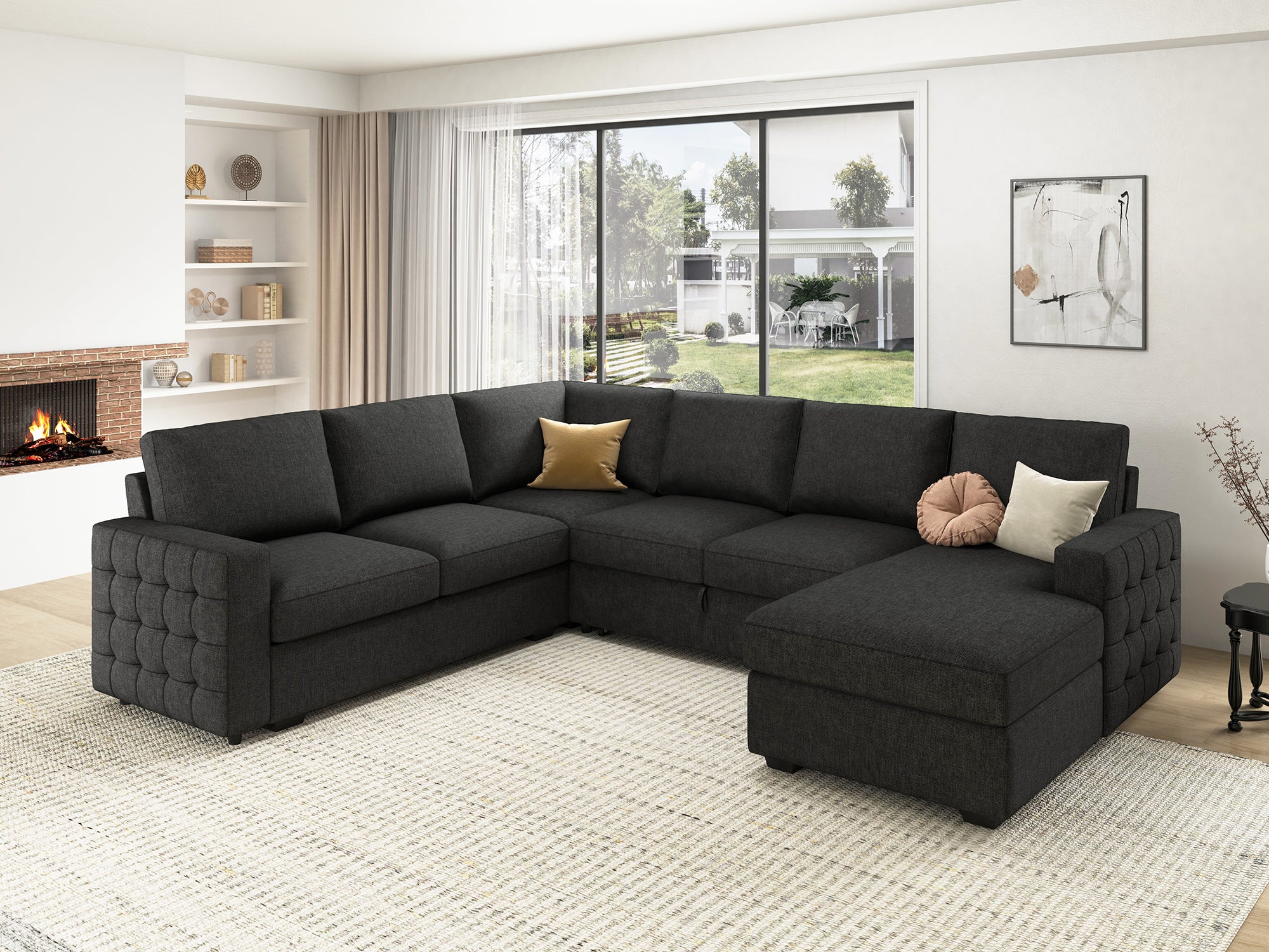 HONBAY 6-Piece Polyester Sleeper Sectional With Storage Space #Color_Dark Grey