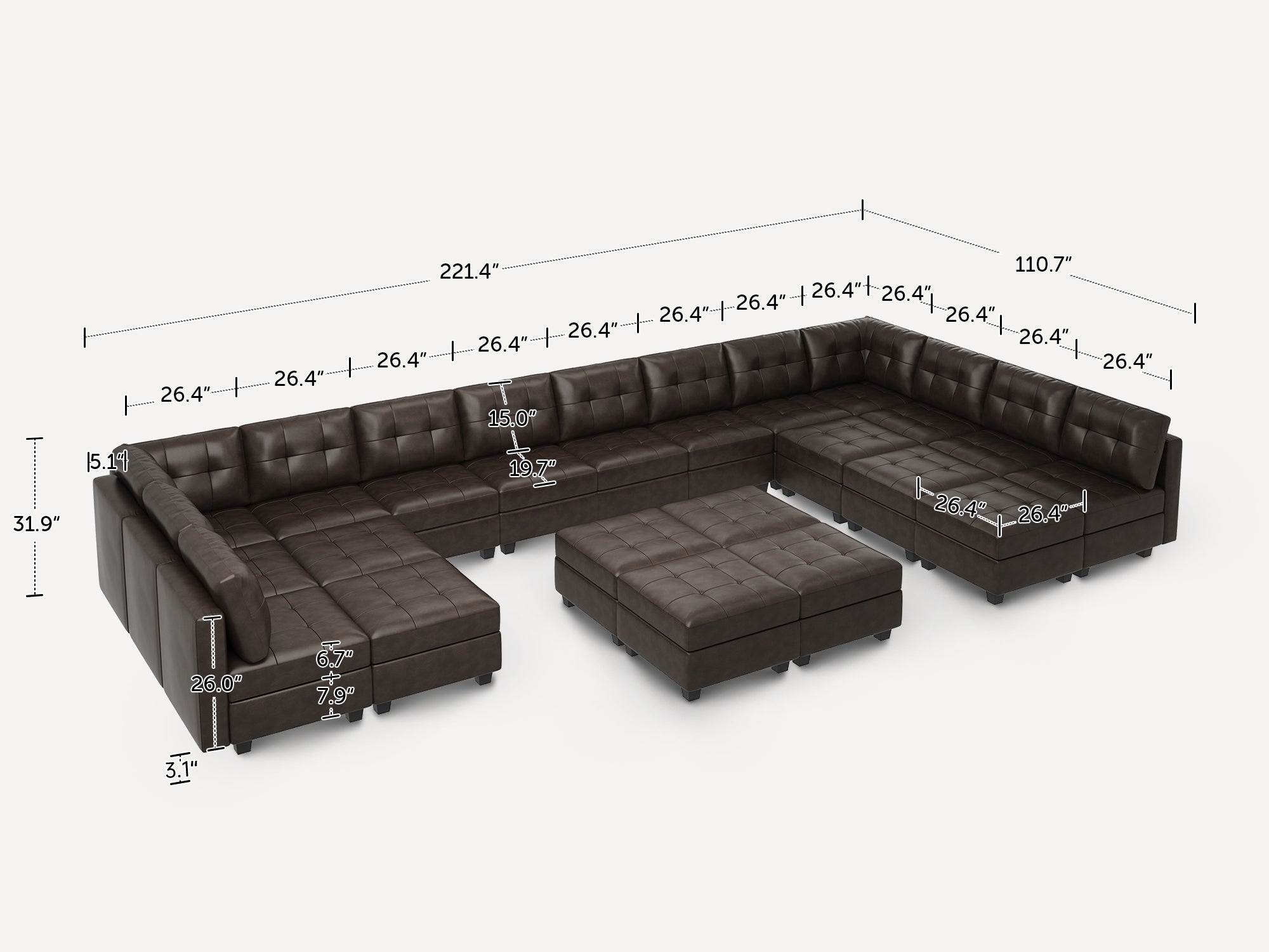 HONBAY 22-Piece Faux Leather Modular Sleeper Sectional Sofa With Storage Seat