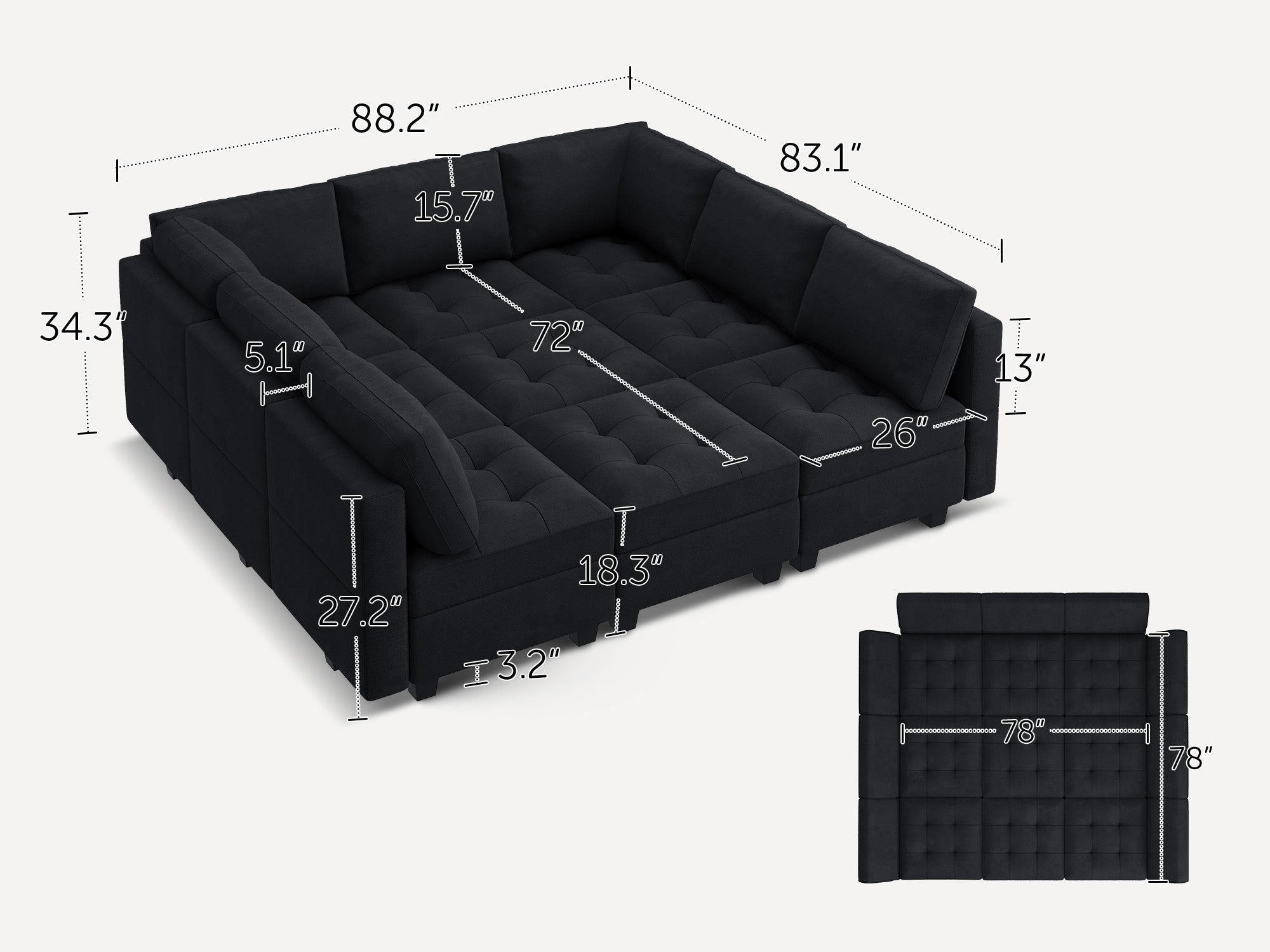 HONBAY Velvet Modular Sleeper Sectional Adjustable Sofa With Storage Seat