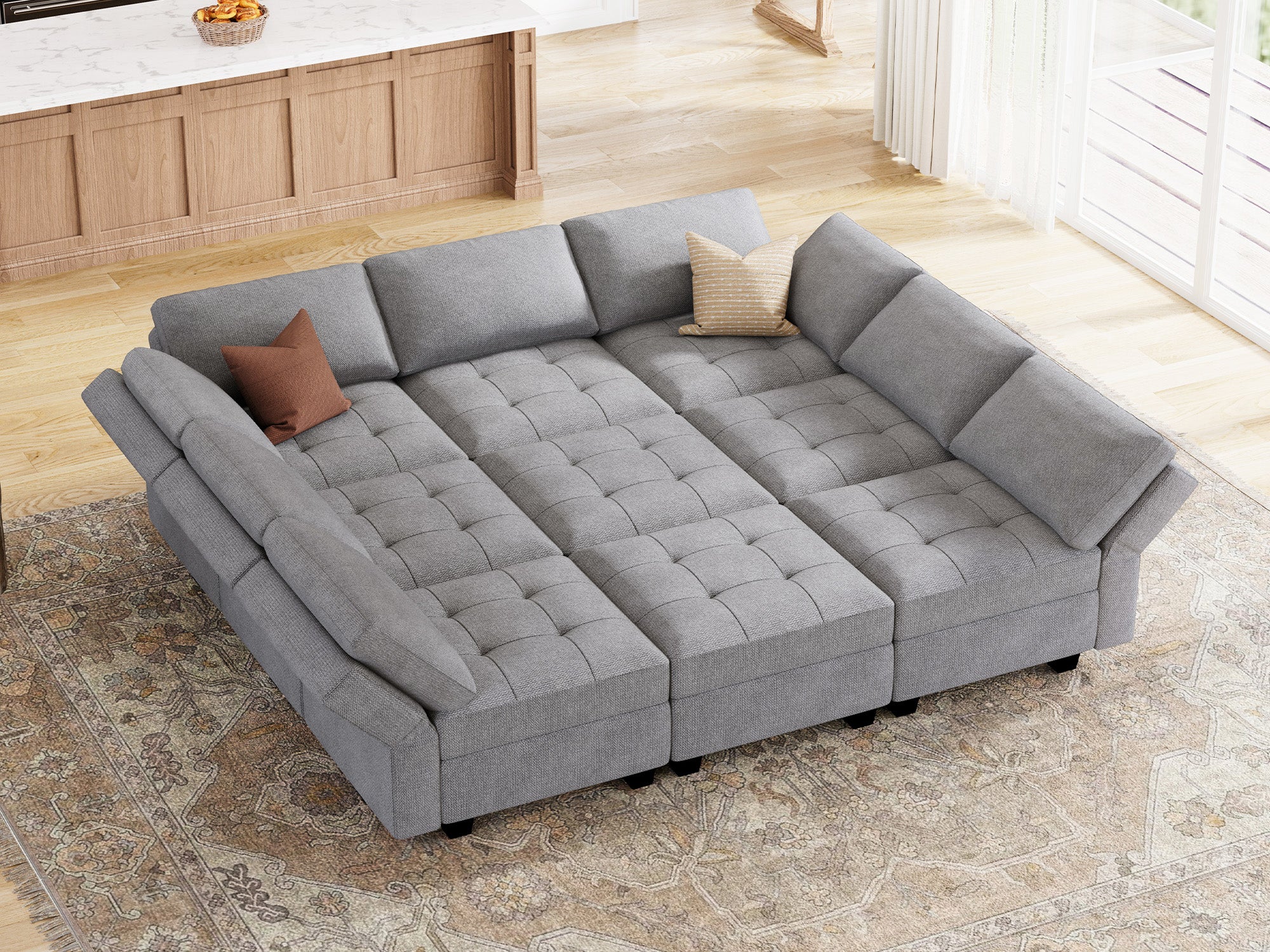 HONBAY 9-Piece Polyester Modular Sleeper Sectional Adjustable Sofa With Storage Seat