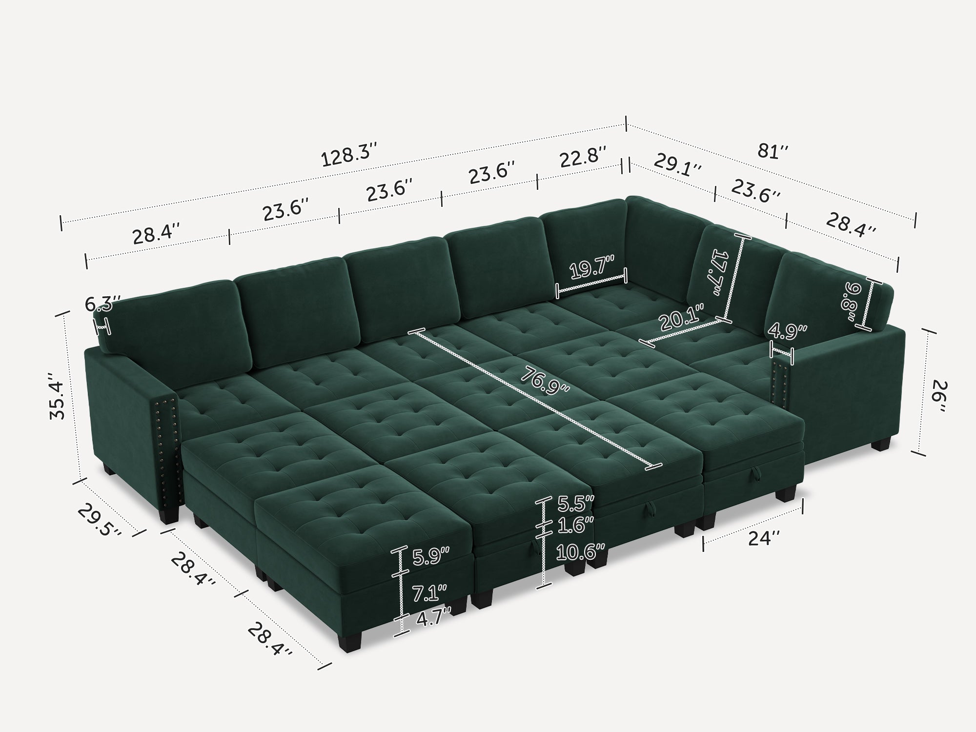 HONBAY 15-Piece Velvet Modular Sleeper Sectional With Storage Space