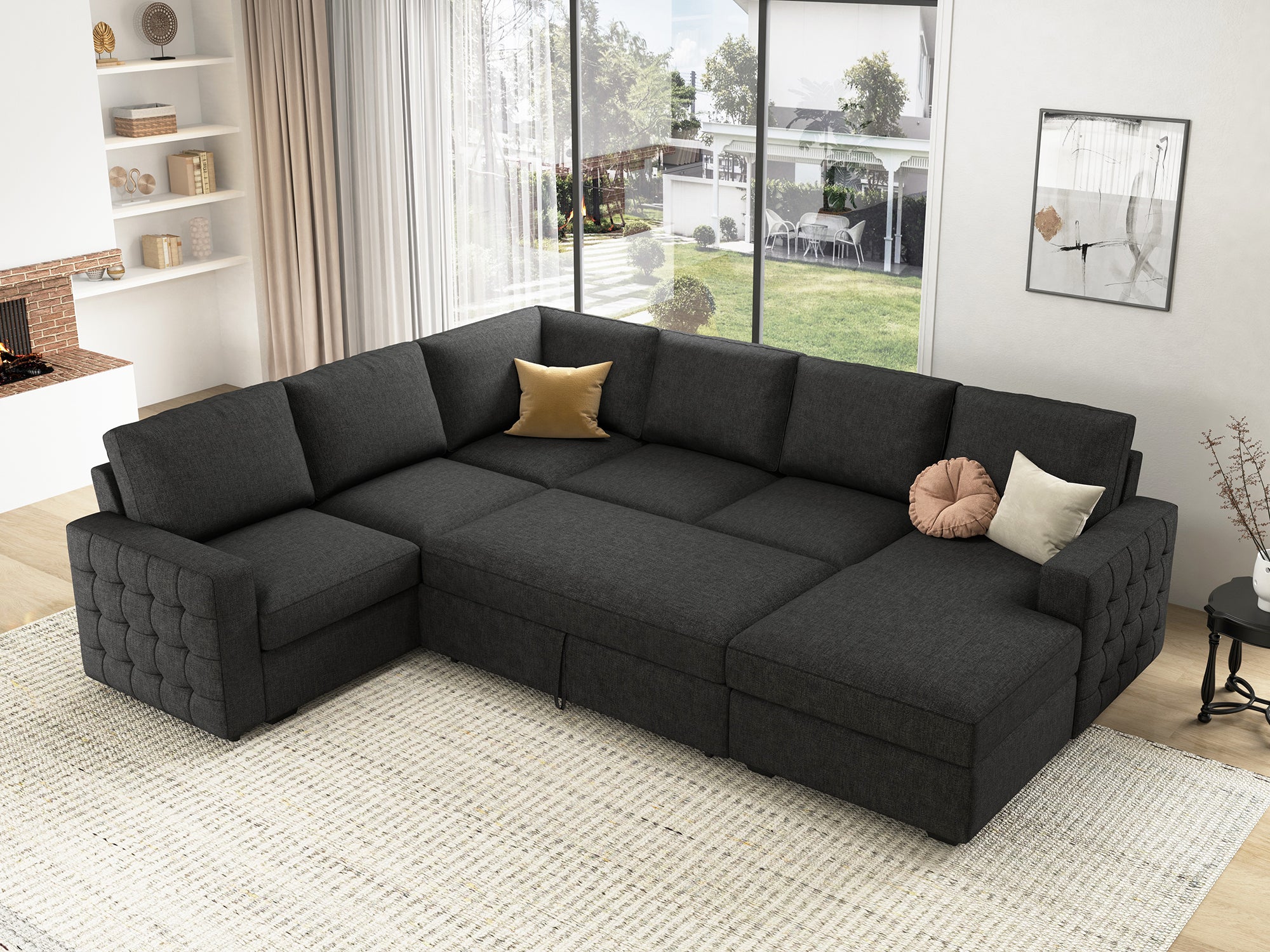 HONBAY 6-Piece Polyester Sleeper Sectional With Storage Space #Color_Dark Grey