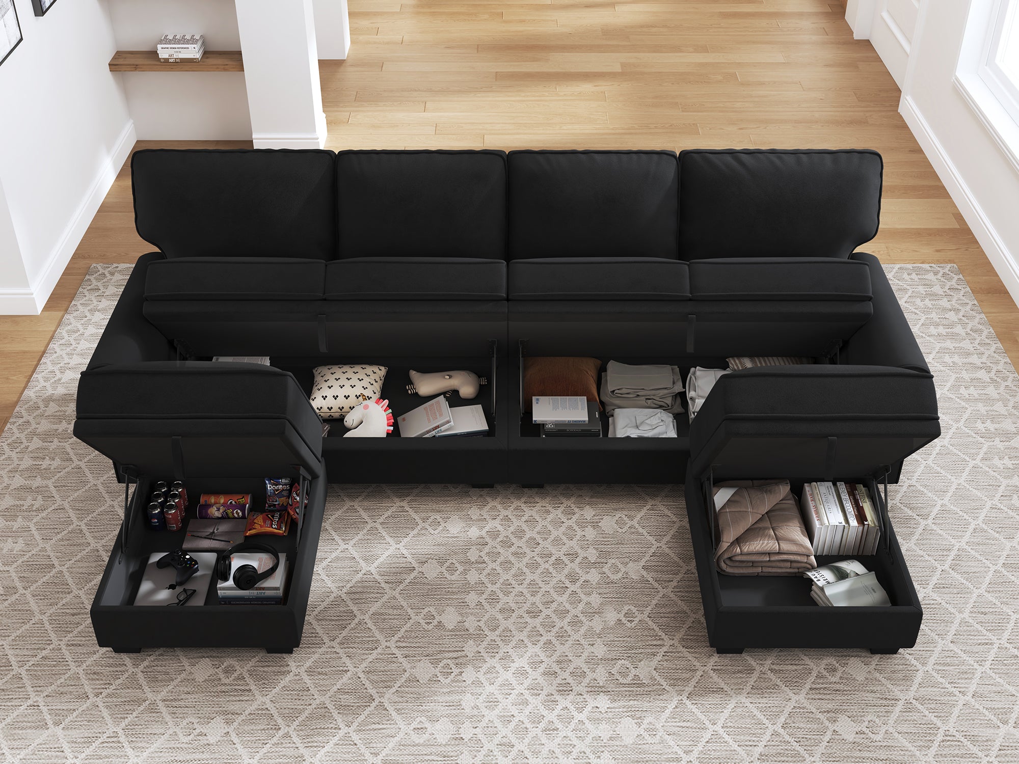 HONBAY Velvet 4-Seat Sectional Sofa U-Shaped Sofa with Storage Seat