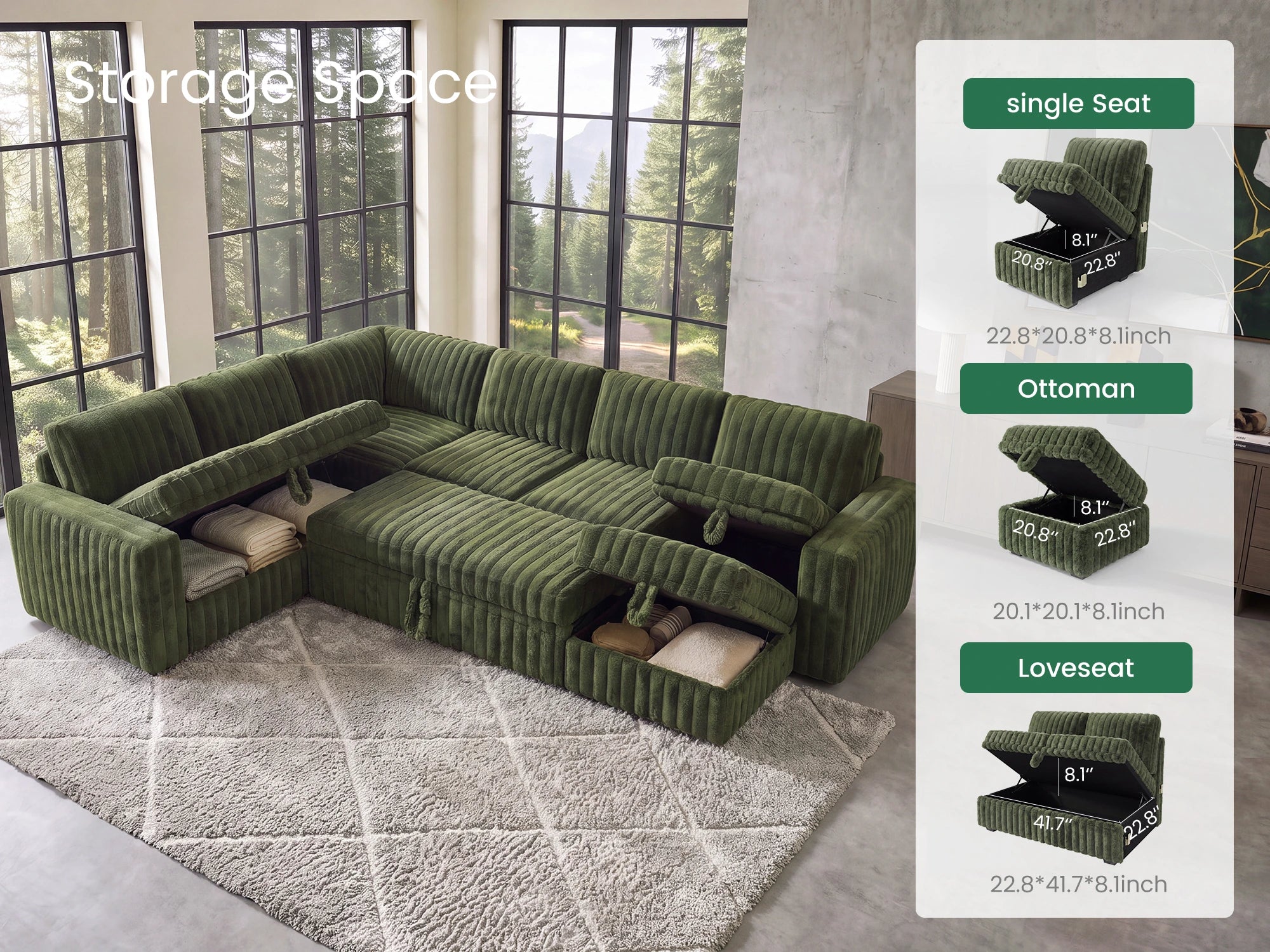 Molit 7-Piece Pull-Out Sectional
 #Color_Faux Rabbit Fur Green 