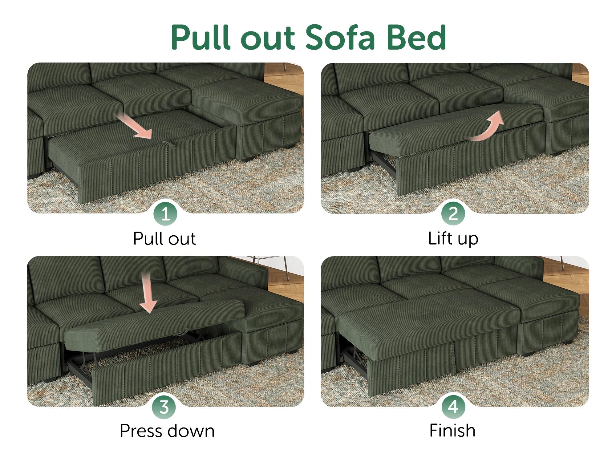 8-Piece Corduroy U-Shaped  Sleeper Sectional 
#Color_Corduroy Green