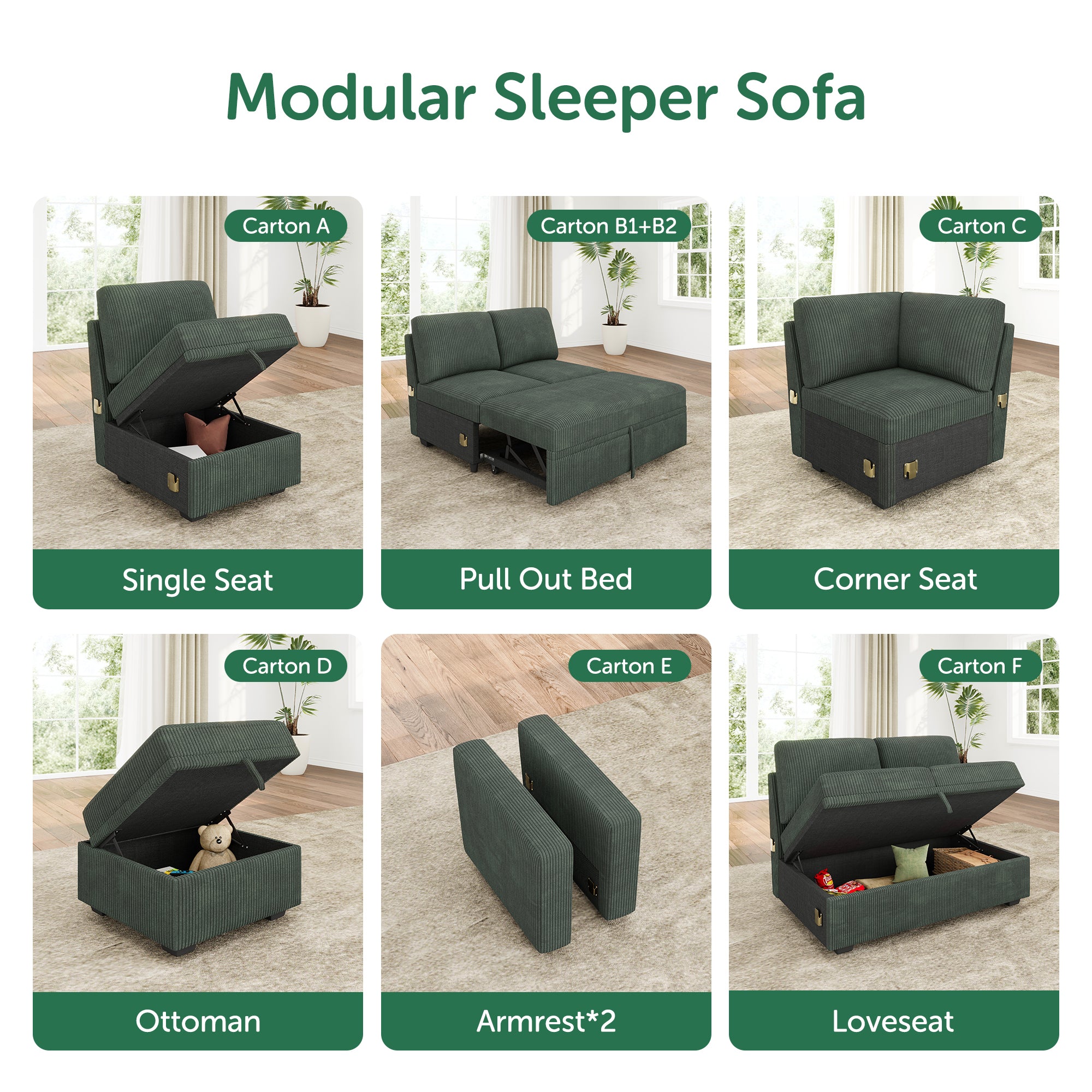 HONBAY 1 Piece Modular Sectional Pull Out Bed #Color_Corduroy Green