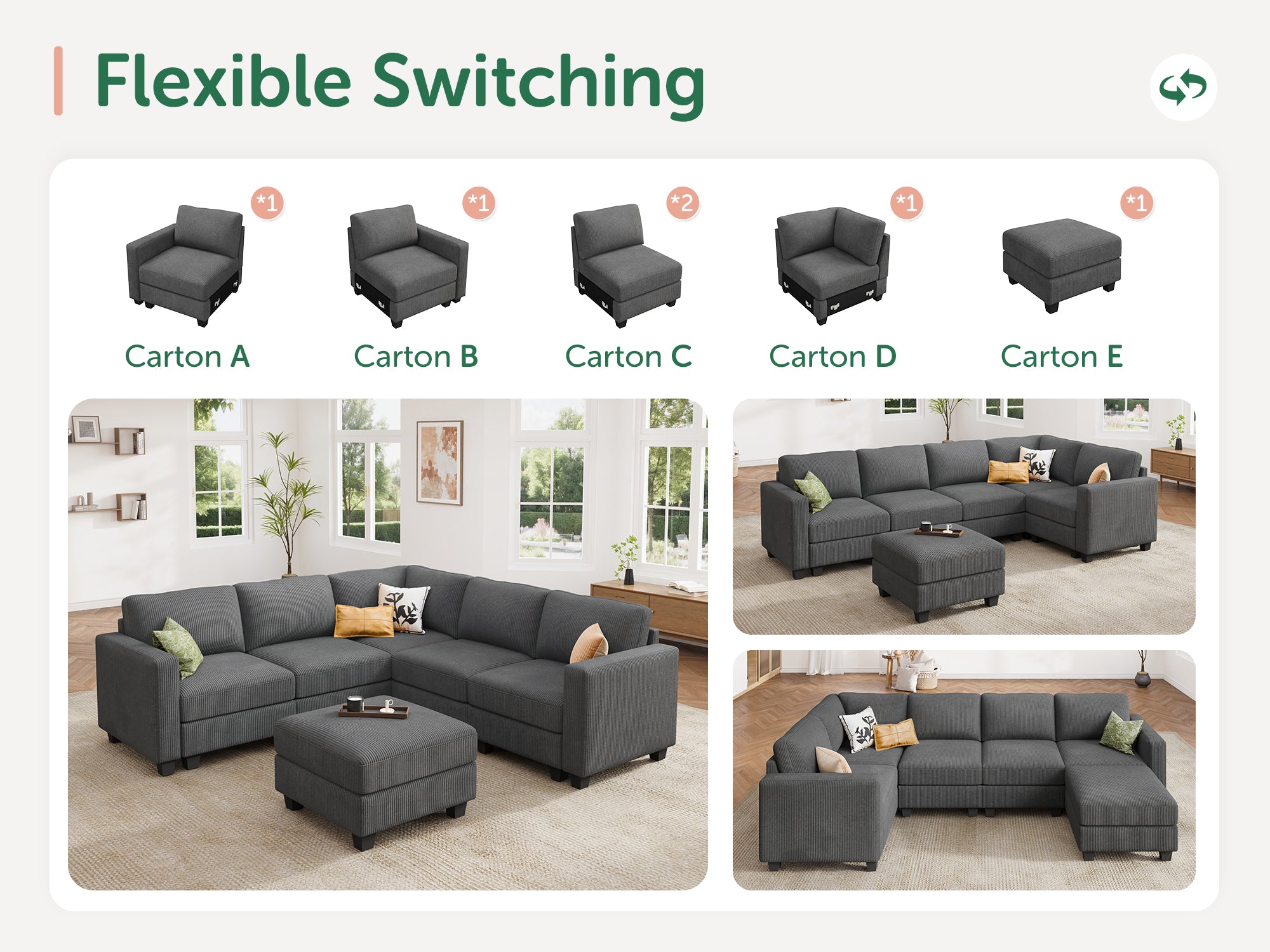 HONBAY 6-Piece Corduroy Modular L-Shaped Sectional Sofa With Hidden Storage Ottoman
#Color_Corduroy Grey