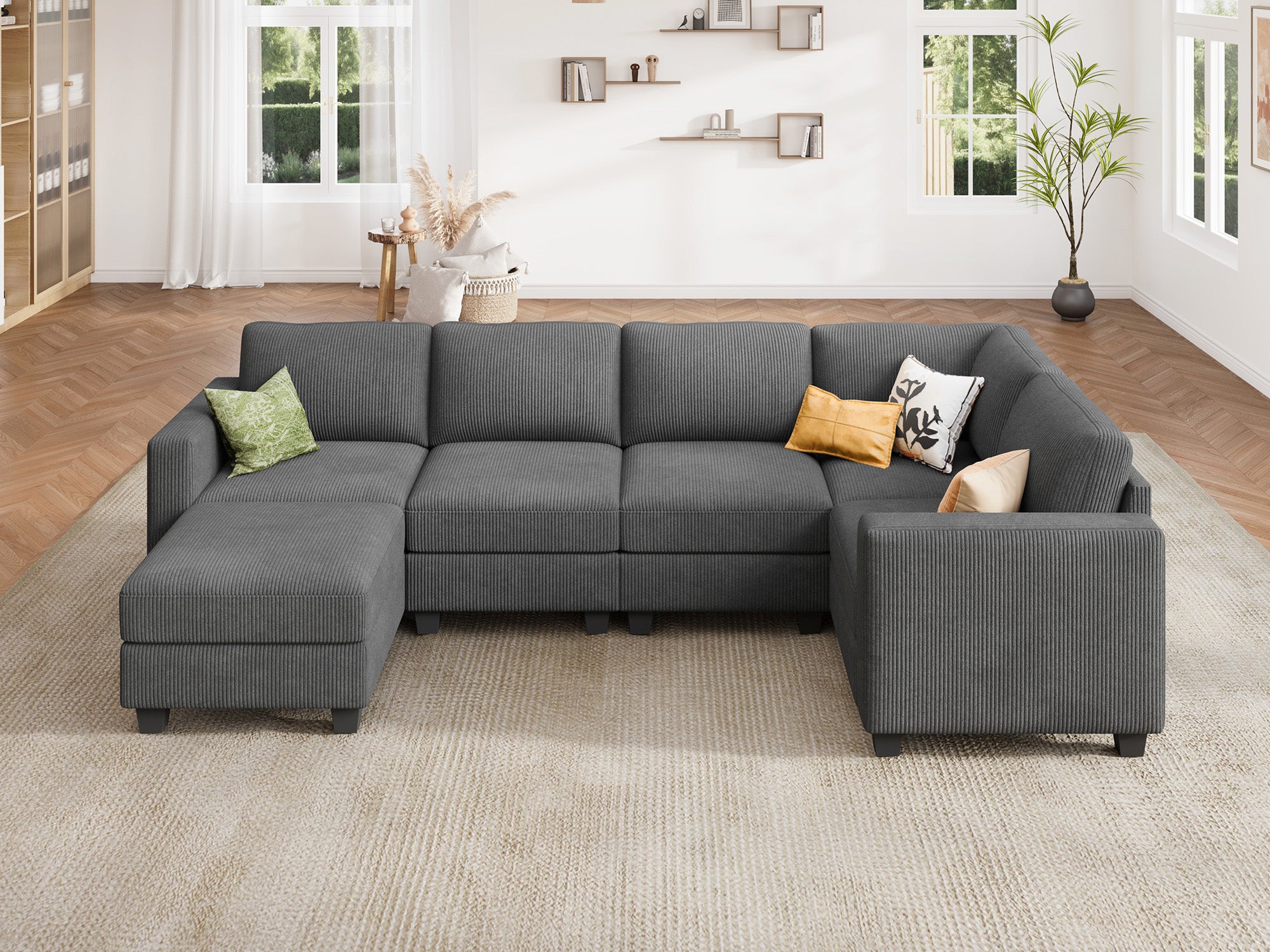 HONBAY 6-Piece Corduroy Modular U-Shaped Sectional Sofa With Hidden Storage Ottoman
#Color_Corduroy Grey