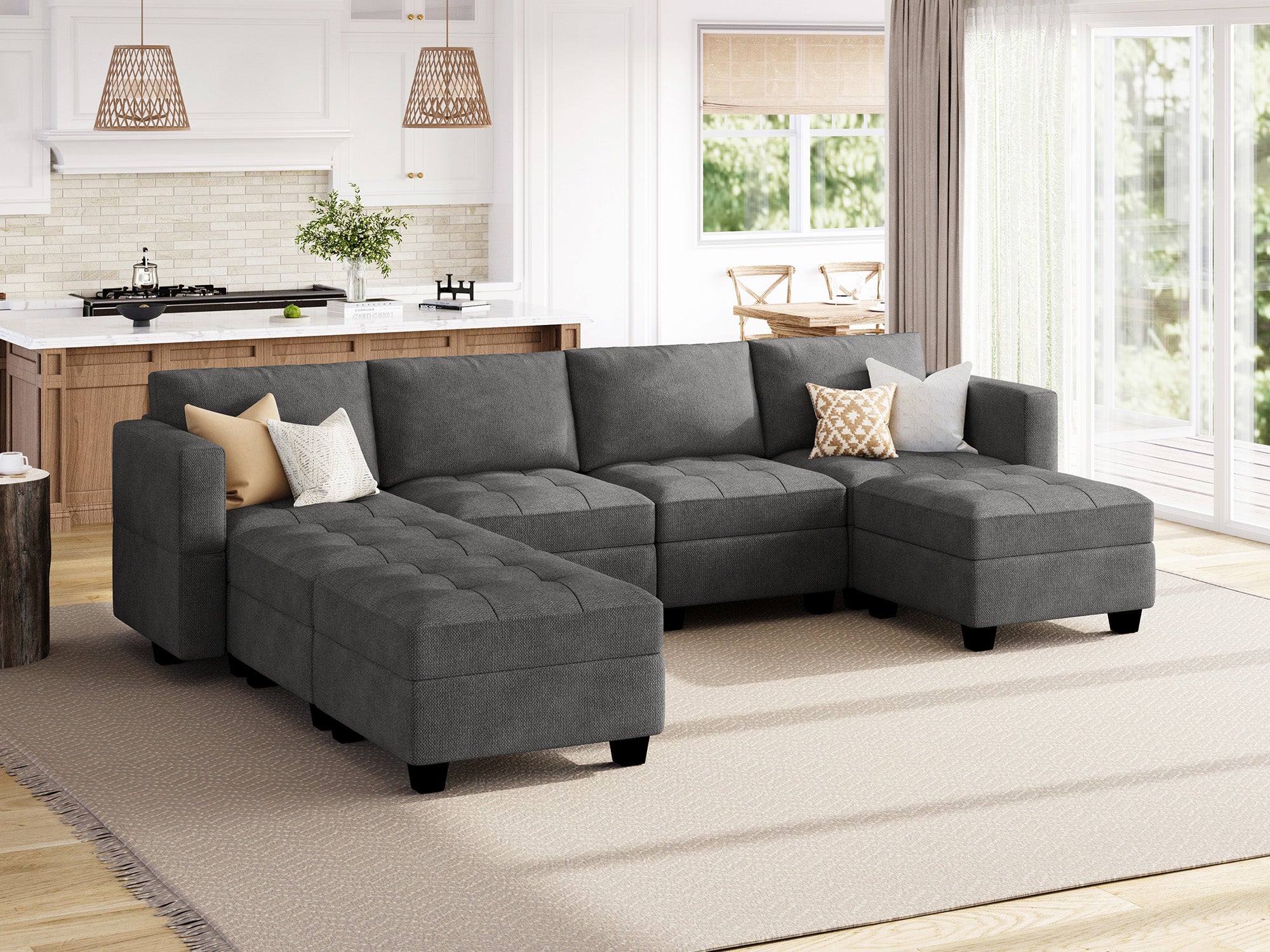 HONBAY 7-Piece Polyester Modular Sectional Adjustable Sofa With Storage Seat #Color_Dark Grey