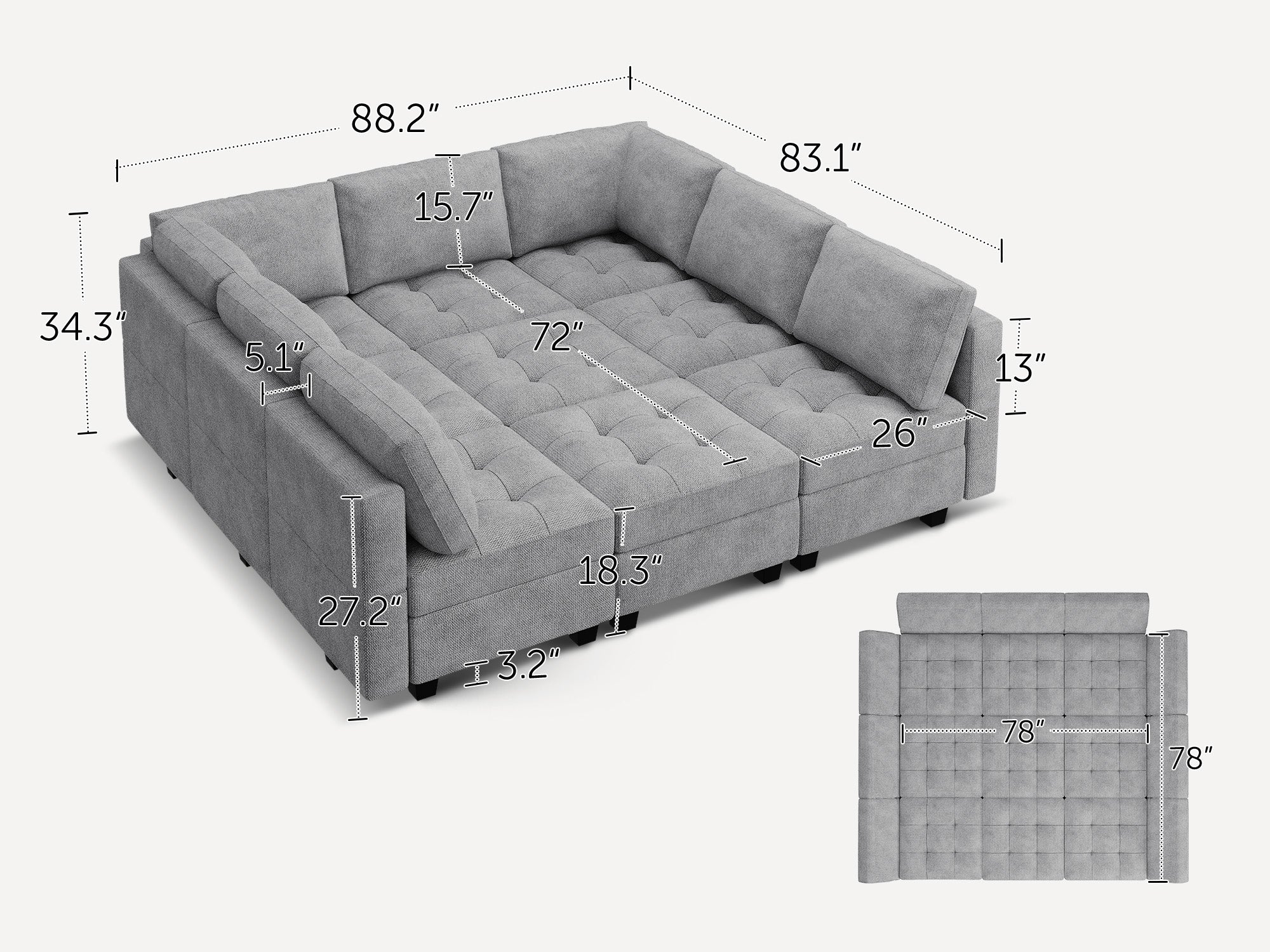 HONBAY Polyester Modular Sleeper Sectional Adjustable Sofa With Storage Seat