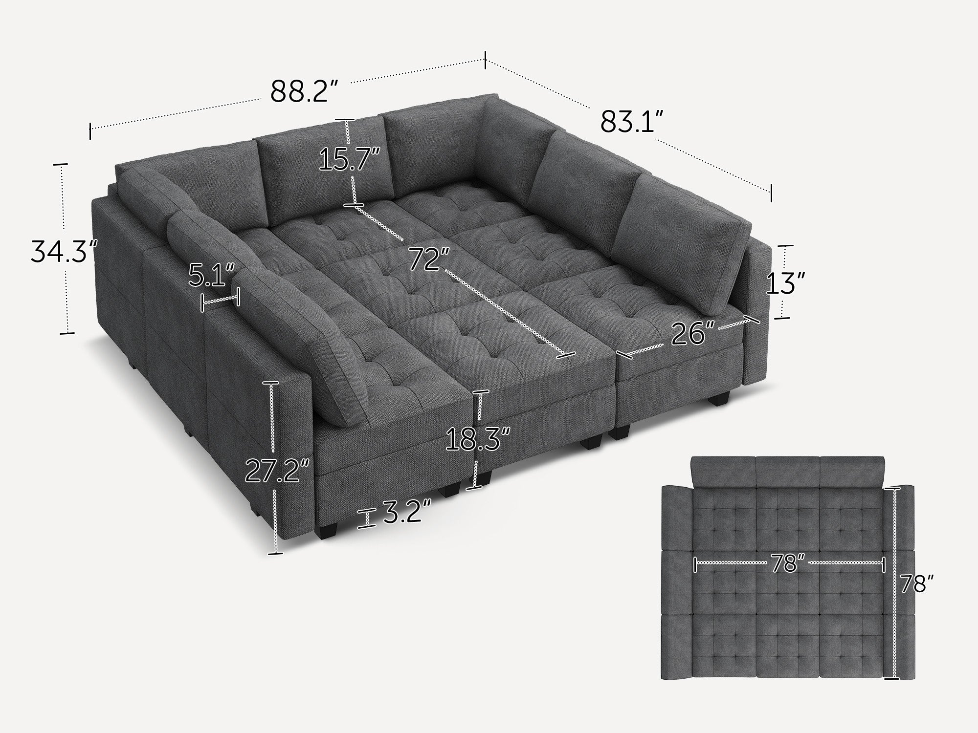 HONBAY Polyester Modular Sleeper Sectional Adjustable Sofa With Storage Seat