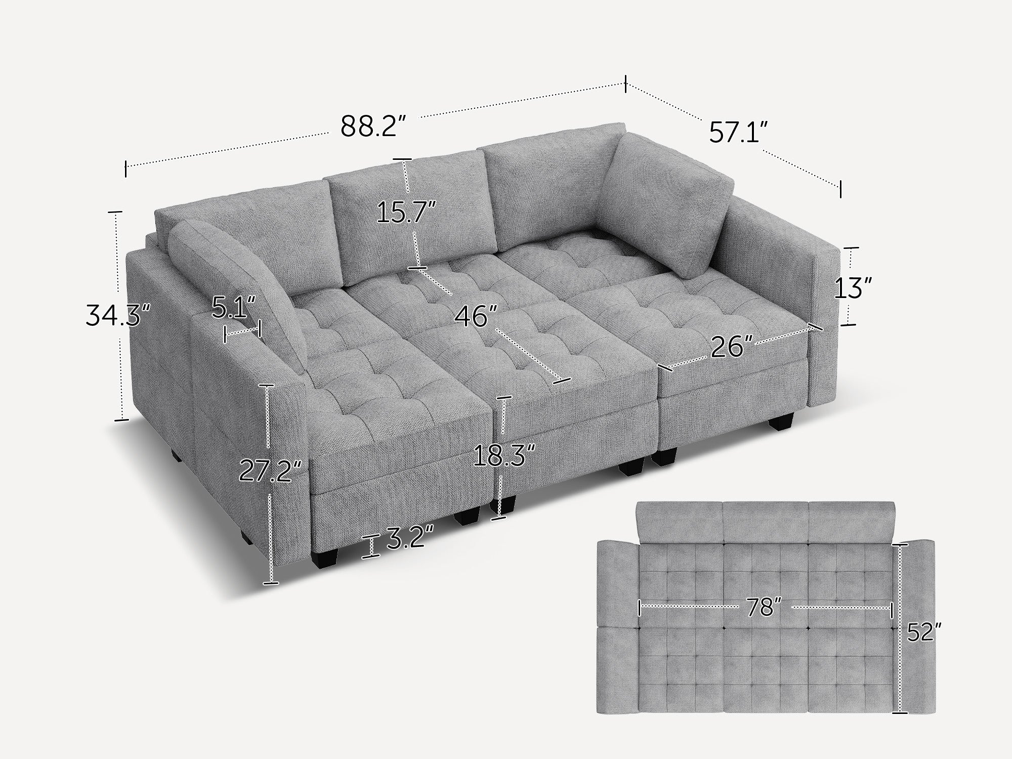 HONBAY Polyester Modular Sleeper Sectional Adjustable Sofa With Storage Seat