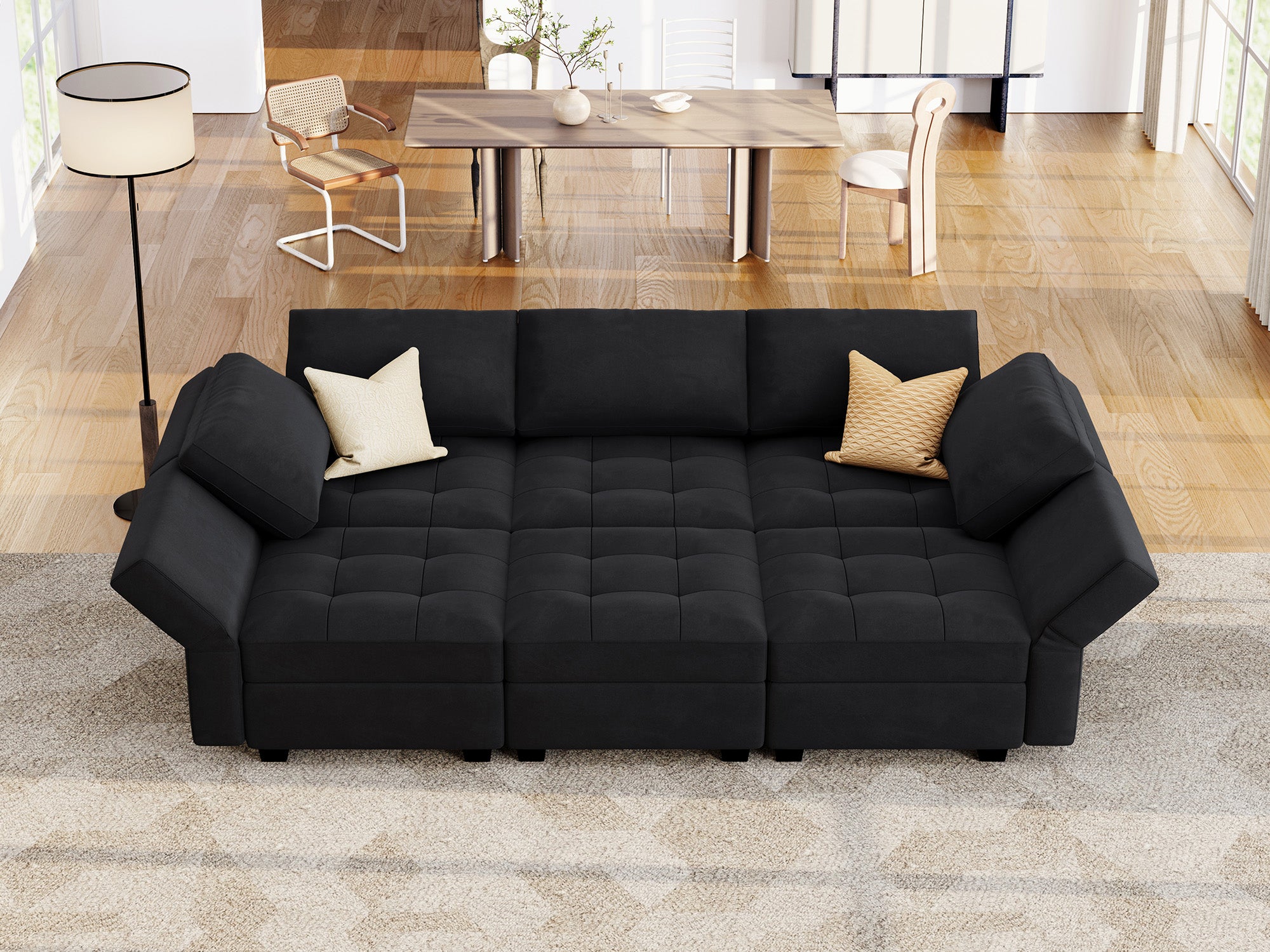 HONBAY Velvet Modular Sleeper Sectional Sofa With Storage Seat #Color_Black