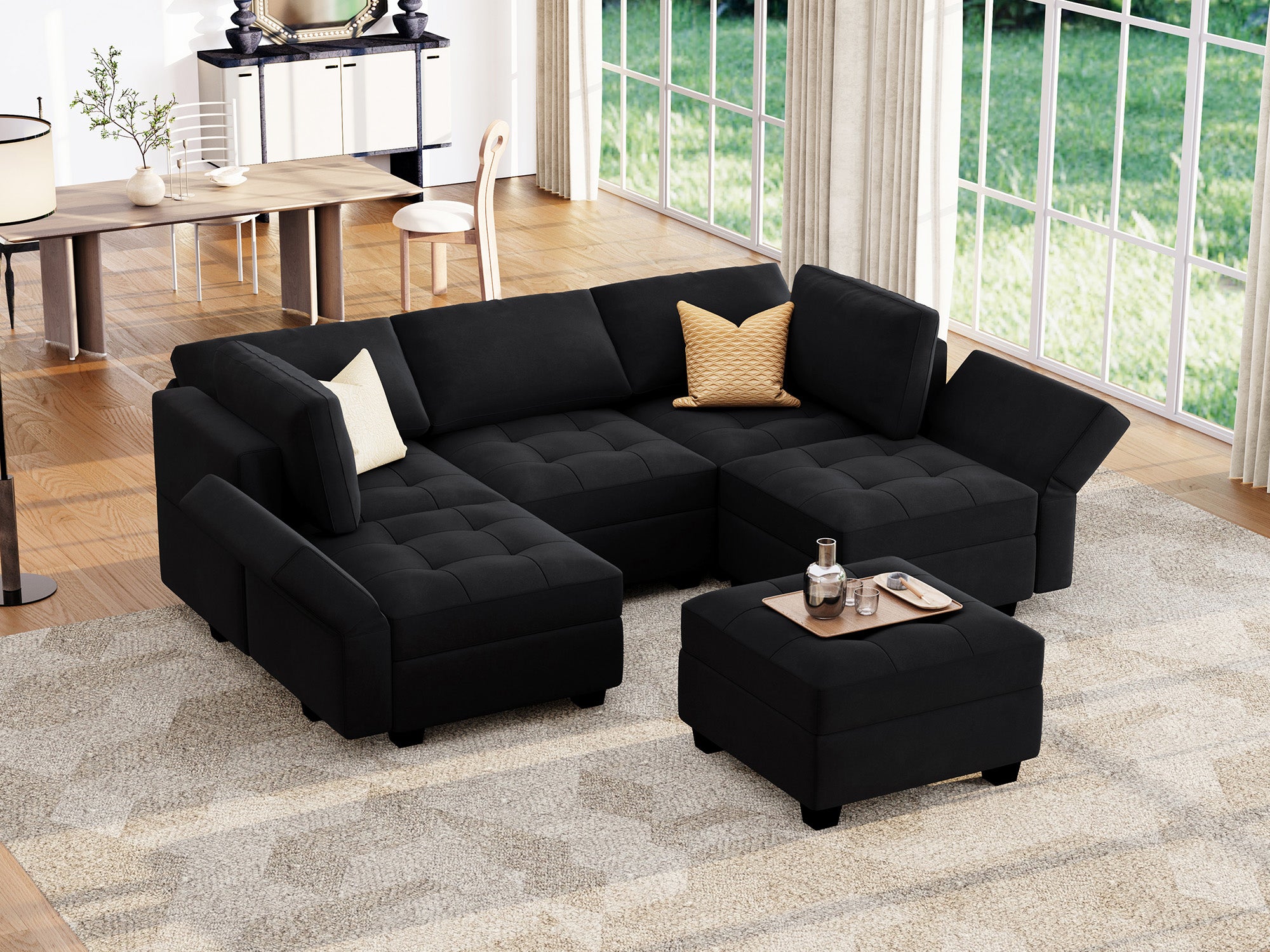 HONBAY Velvet Modular Sleeper Sectional Sofa With Storage Seat #Color_Black