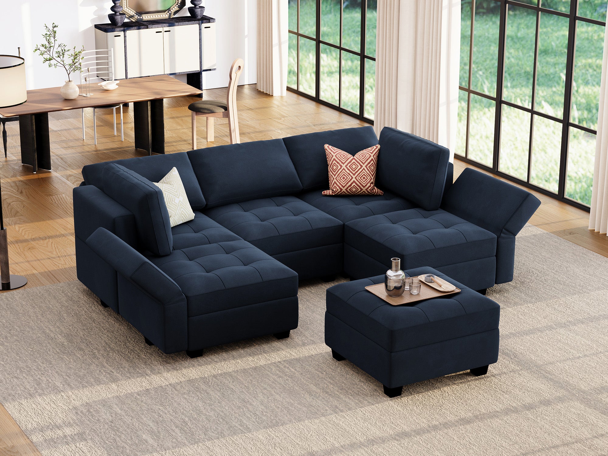 HONBAY 6-Piece Velvet Modular Sleeper Sectional Adjustable Sofa With Storage Seat #Color_Dark Blue