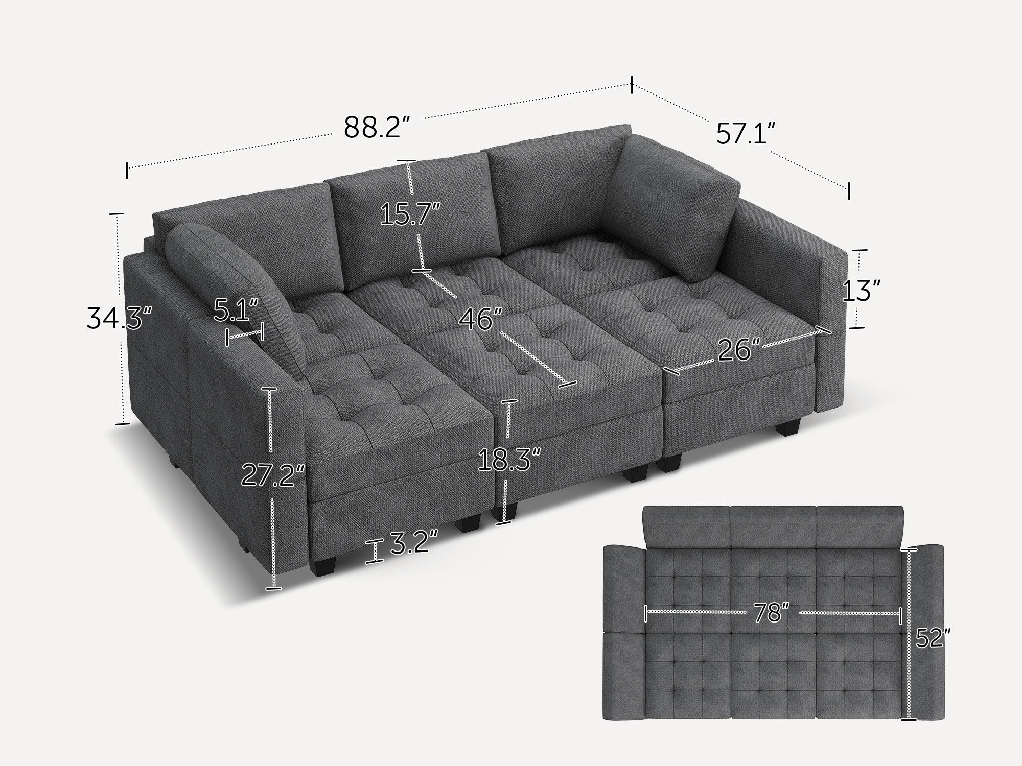 HONBAY Polyester Modular Sleeper Sectional Adjustable Sofa With Storage Seat