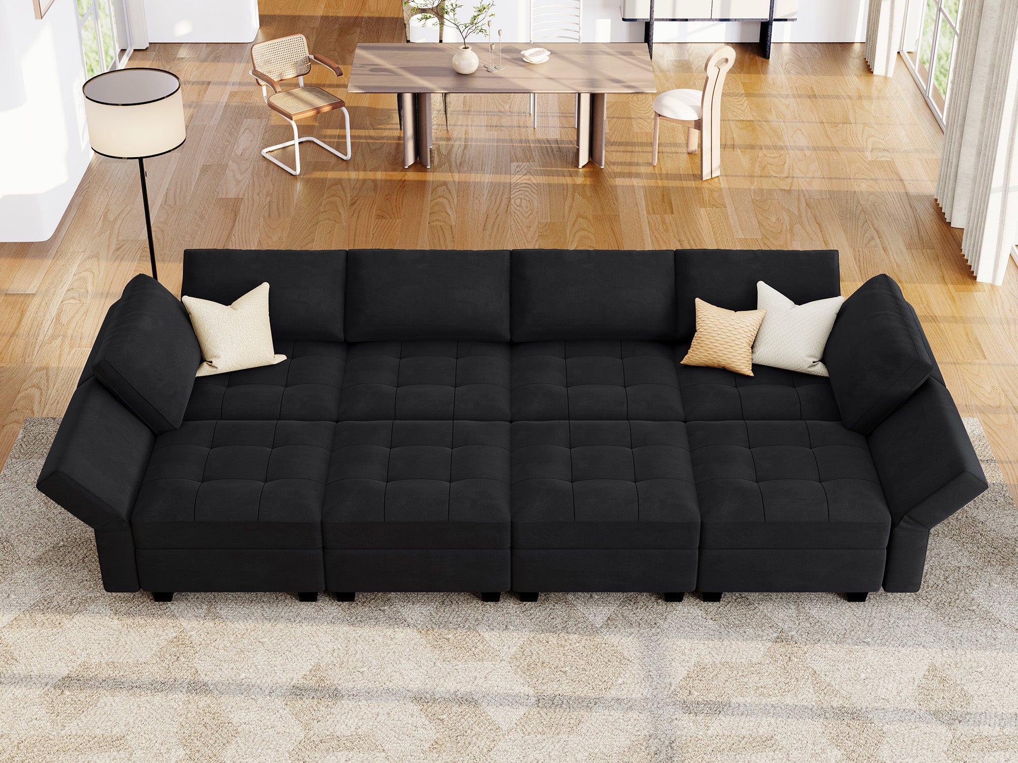 HONBAY Velvet Modular Sleeper Sectional Sofa Storage Seat #Color_Black