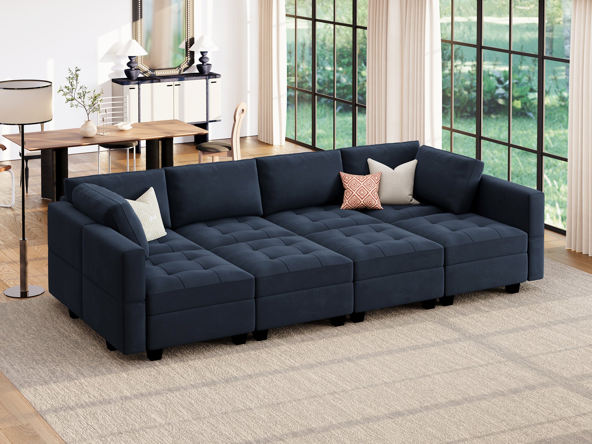HONBAY 8-Piece Velvet Modular Sleeper Sectional Adjustable Sofa With Storage Seat #Color_Dark Blue