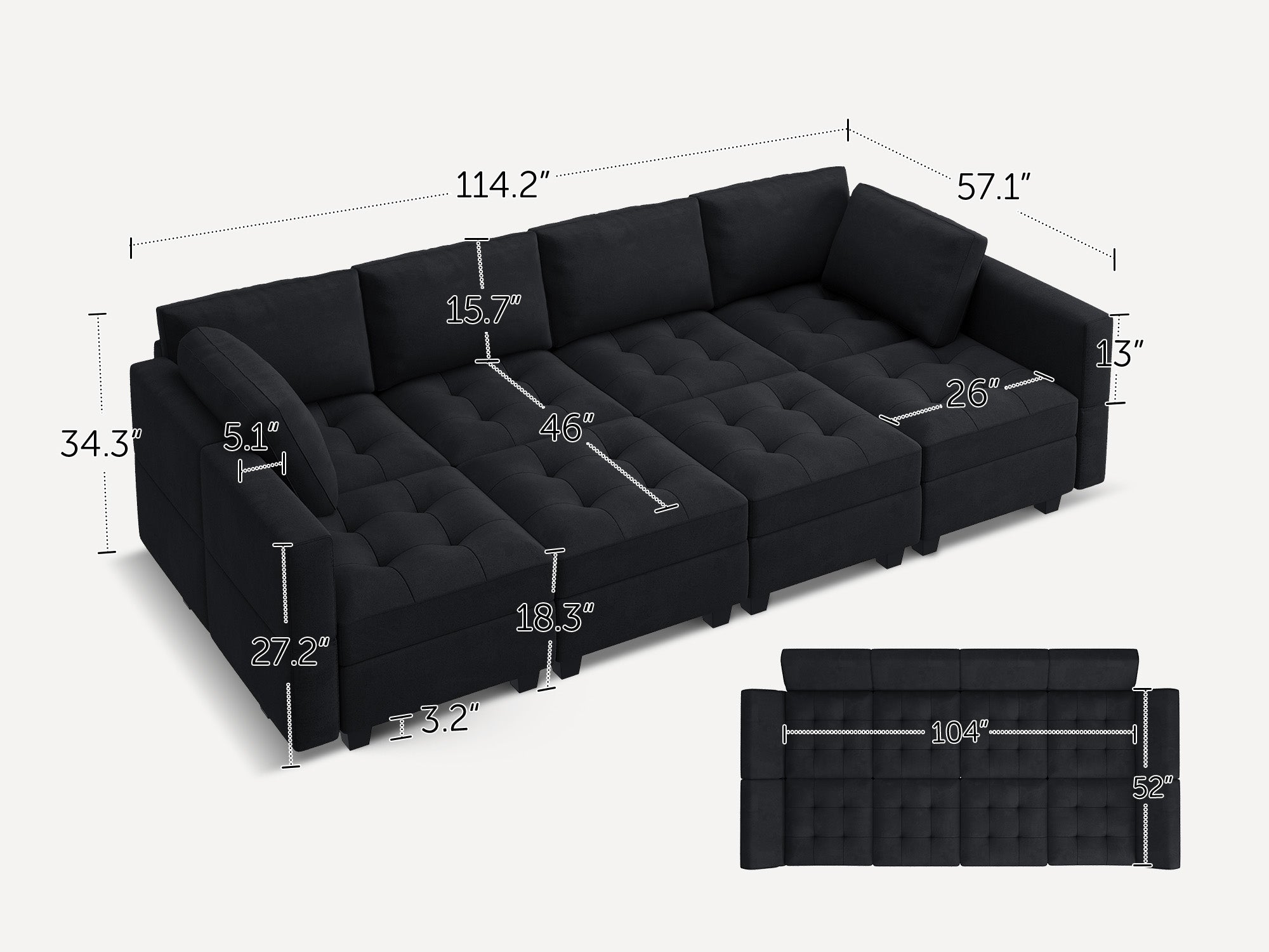 HONBAY Velvet Modular Sleeper Sectional Adjustable Sofa With Storage Seat