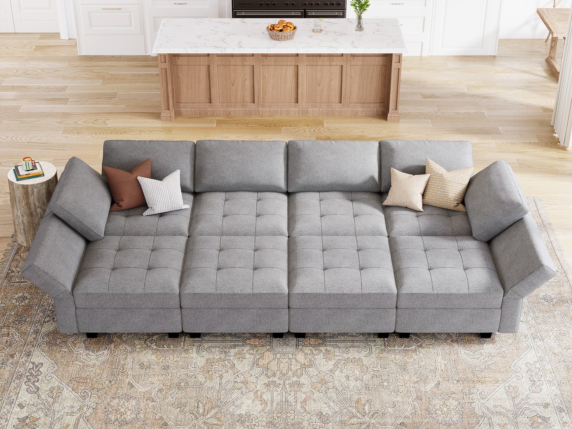 HONBAY Polyester Modular Sleeper Sectional Sofa With Storage #Color_Light Grey