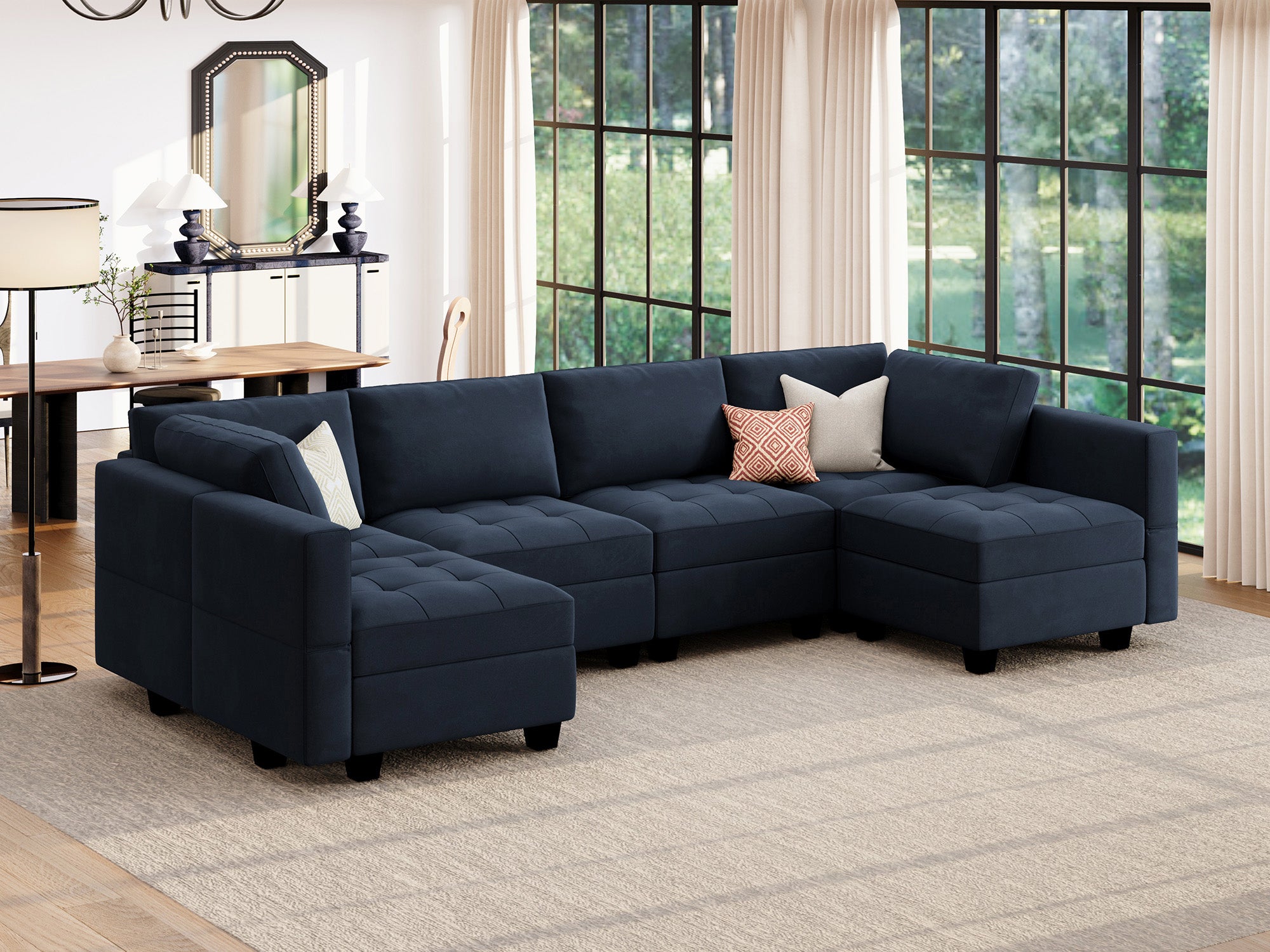 HONBAY 6-Piece Velvet Modular Sectional Adjustable Sofa With Storage Seat #Color_Dark Blue