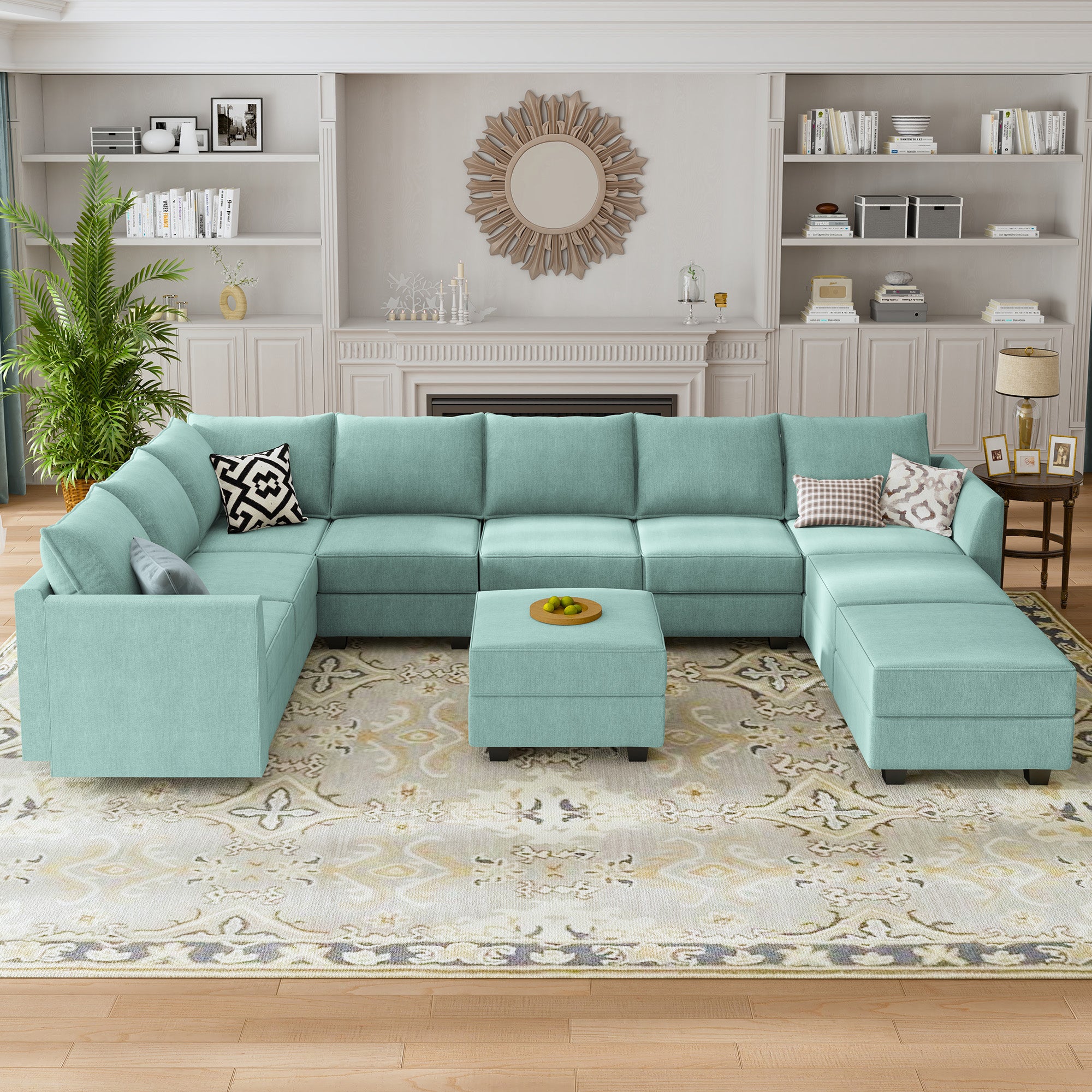 HONBAY 9-Piece Polyester Modular Sectional With Storage Seat #Color_Aqua Blue