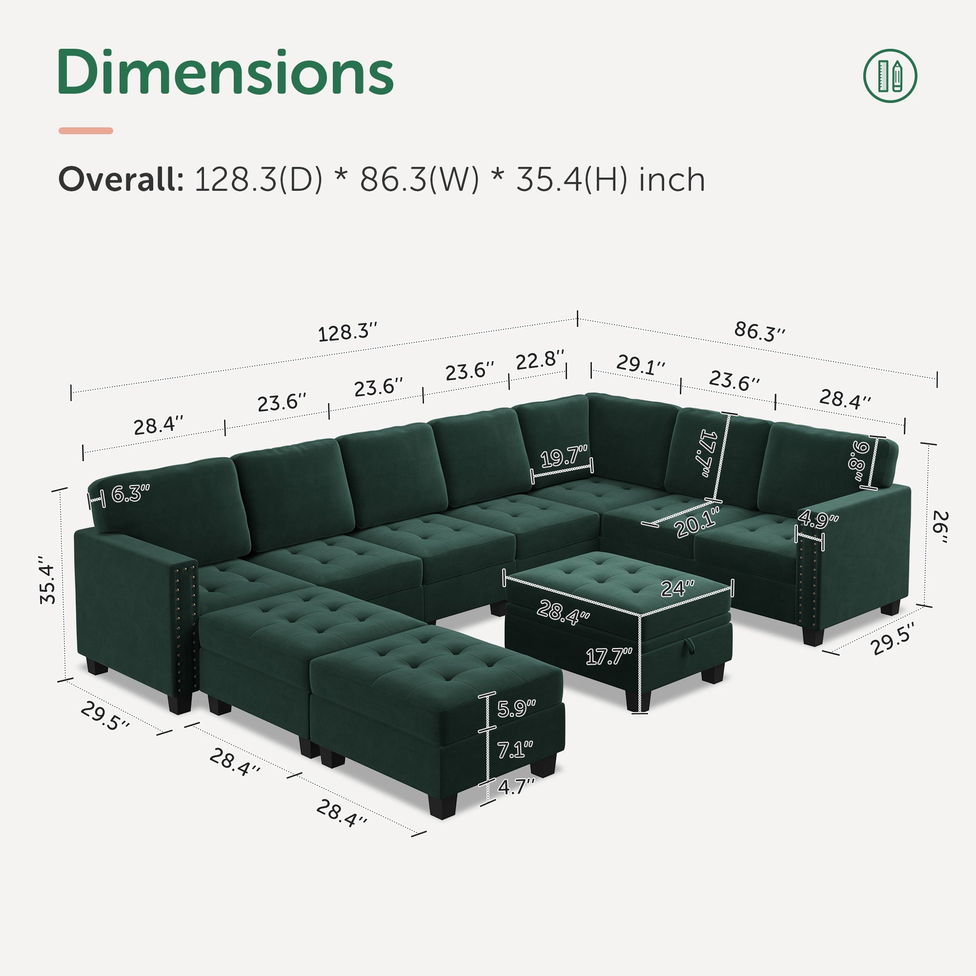 HONBAY Wraparound Modular Sofa 10-Seat With 1-Storage Space+1-Left Arm+1-Right Arm #Color_Green